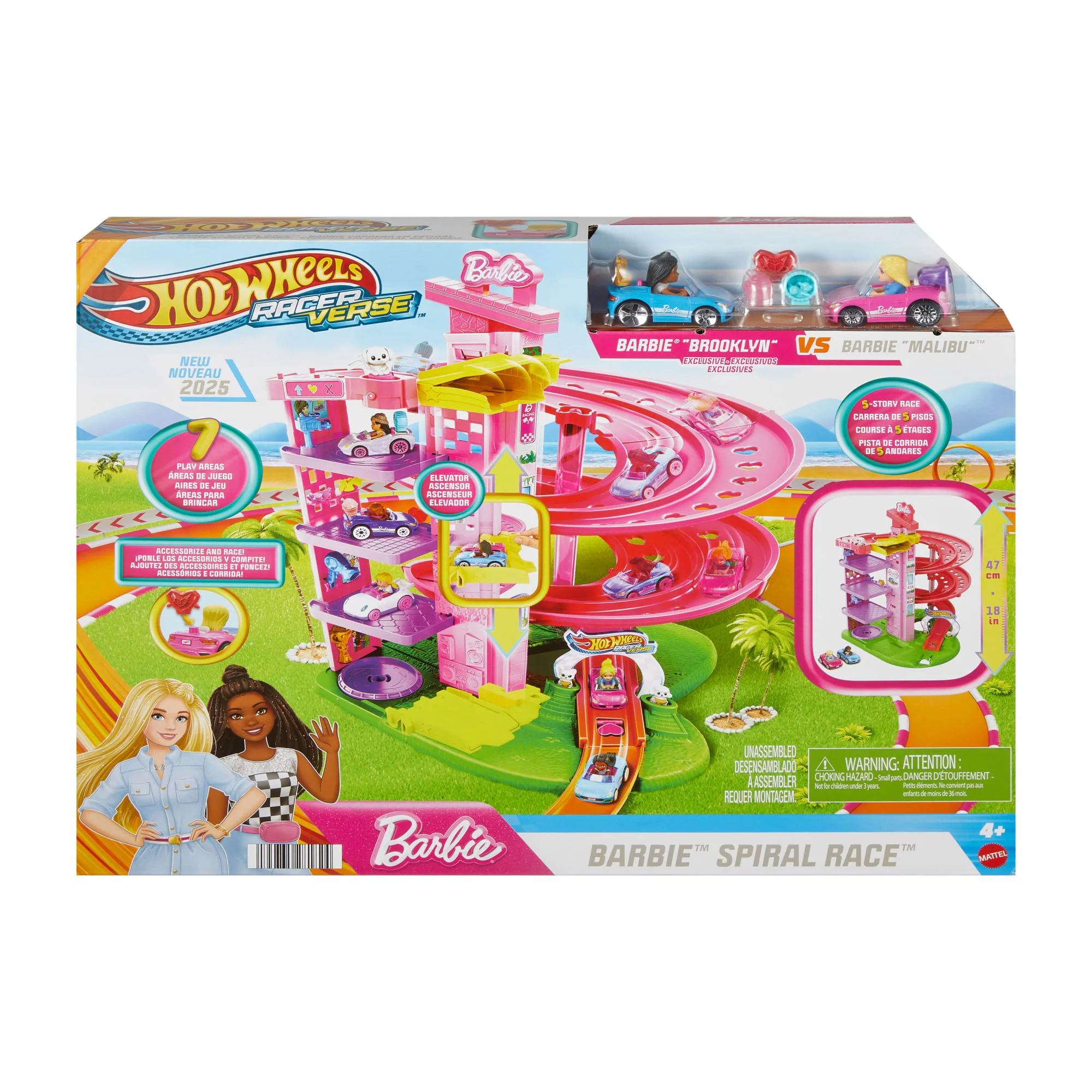 Hot Wheels Racerverse Barbie Spiral Race Track Set With Barbie ��Malibu�� & Barbie ��Brooklyn�� Toy Cars