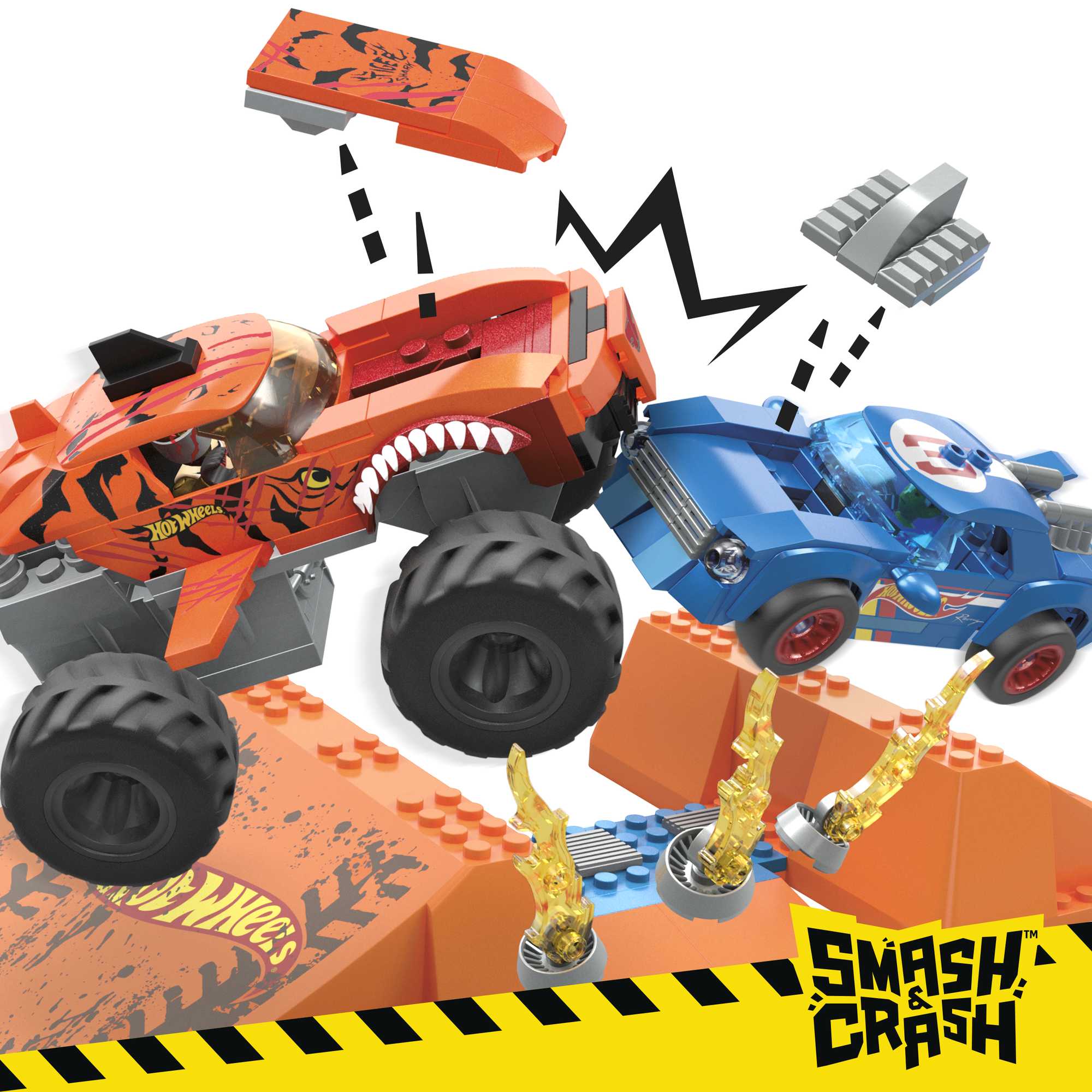 MEGA Hot Wheels Smash n Crash Tiger Shark Chomp Coursmonster Truck Building Set (226 Pcs)