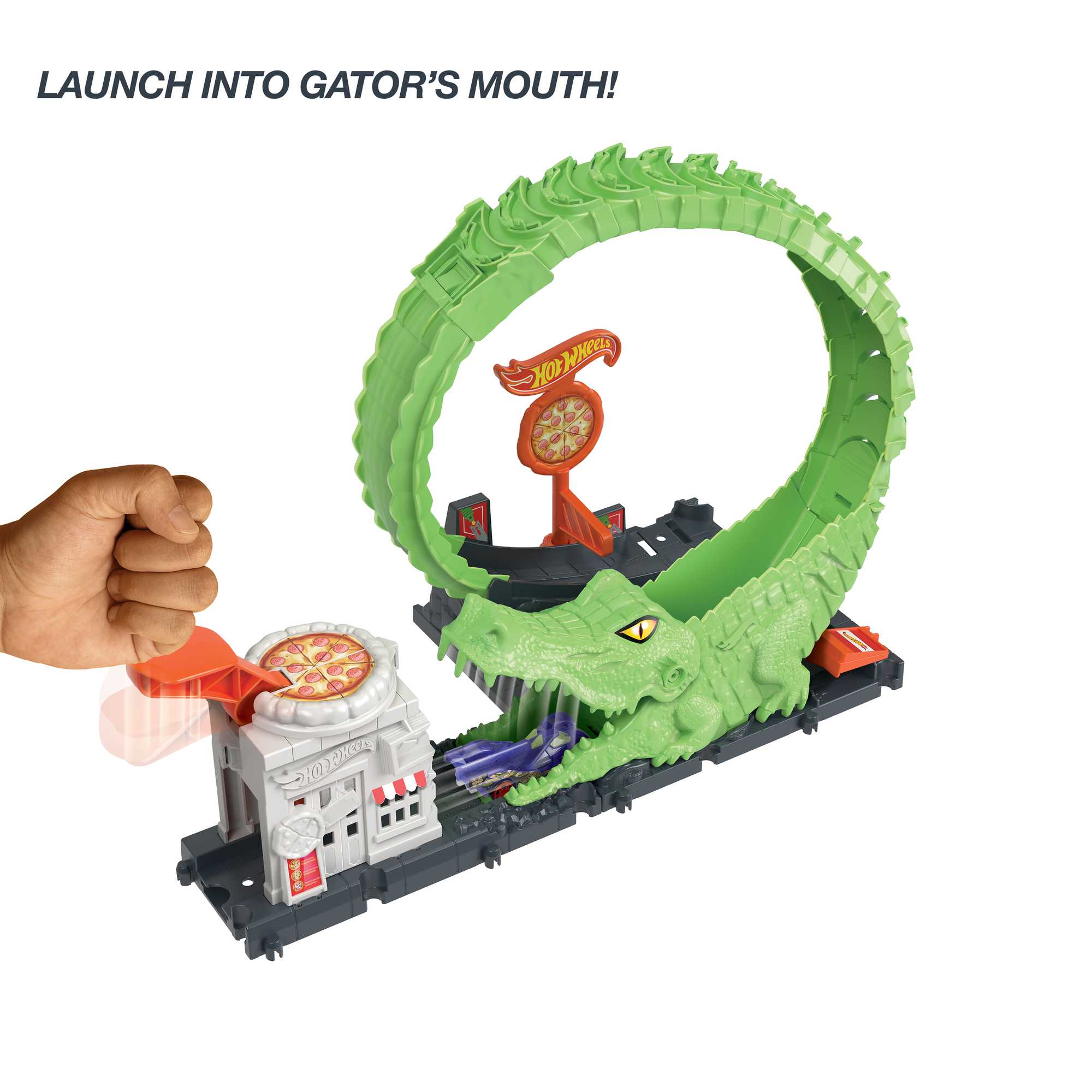 Hot Wheels Gator Loop Pizza Place Playset, Track Set With 1 Toy Car