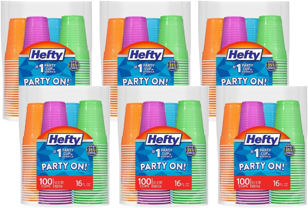 Hefty Party On Disposable Plastic Cups, Assorted, 16 Ounce, 100 Count