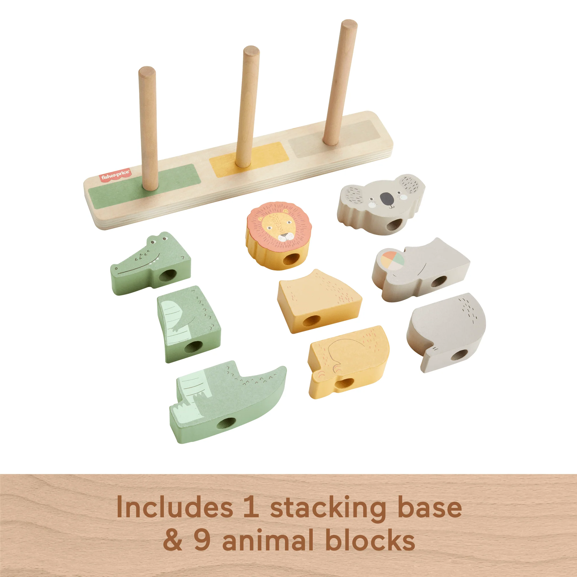 Fisher-Price Wooden Stack & Sort Animals Baby & Toddler Toy, 10 Wood Pieces