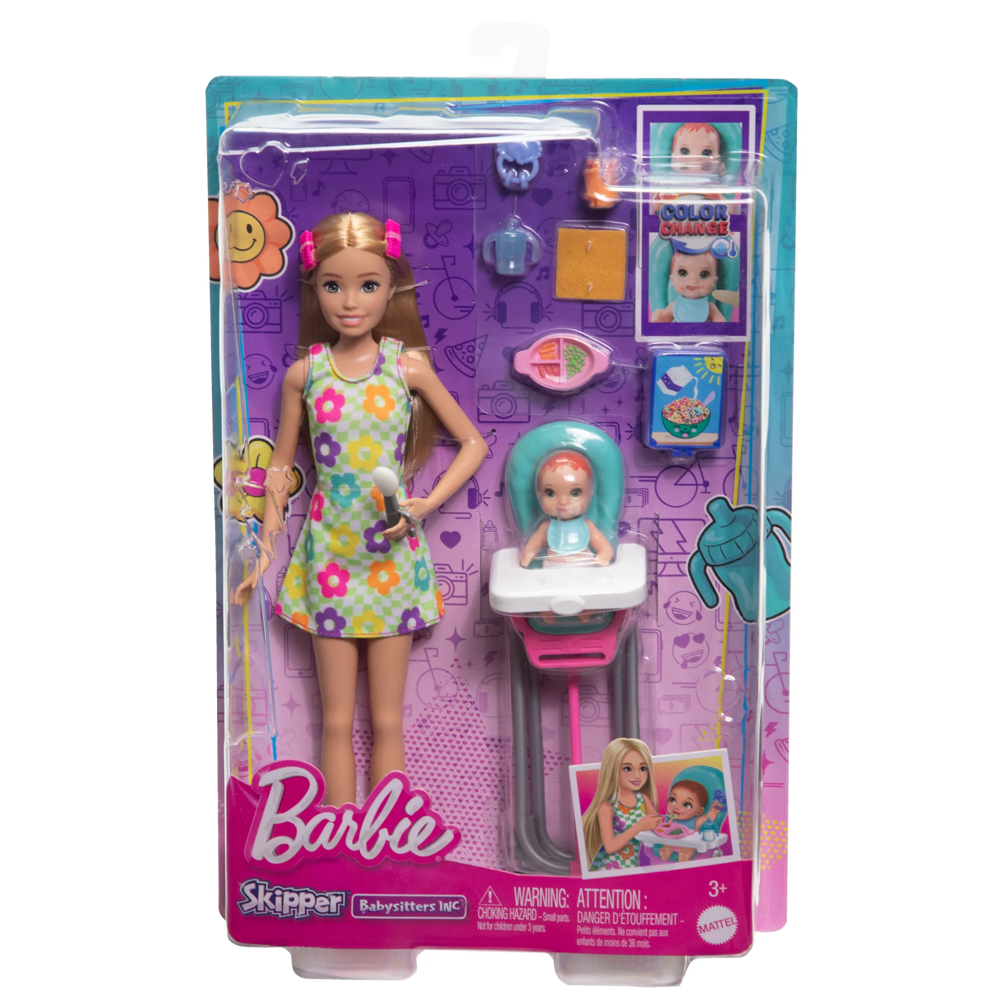 Barbie Skipper Babysitters inc & Playset, includes Doll, Baby, And Mealtime Accessories, 10 Piece Set