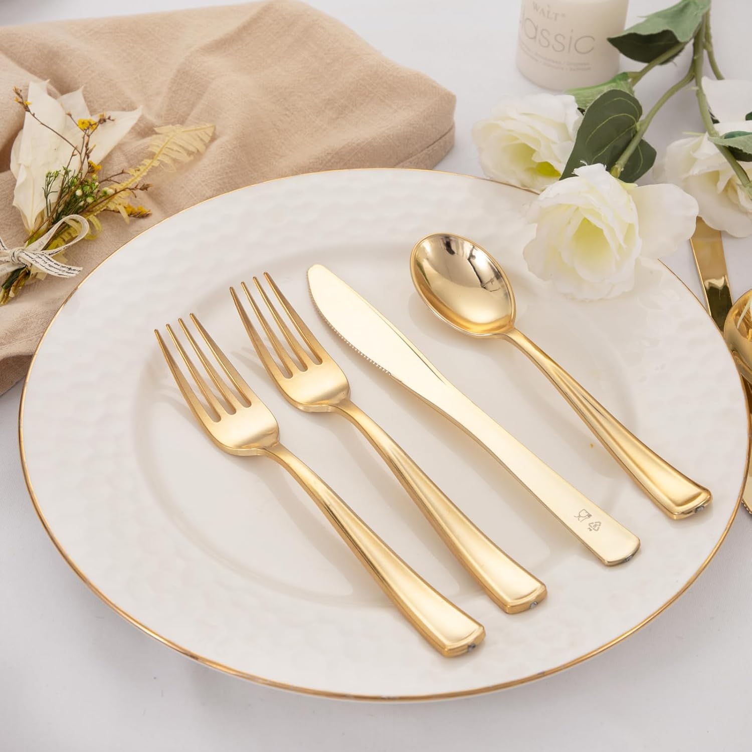 WDF300 Pieces Gold Plastic Silverware - Heavy Duty Disposable Gold Cutlery Set Plastic Gold Silverware Set Plastic Includes 100 Forks, 100 Spoons, 100 Knives