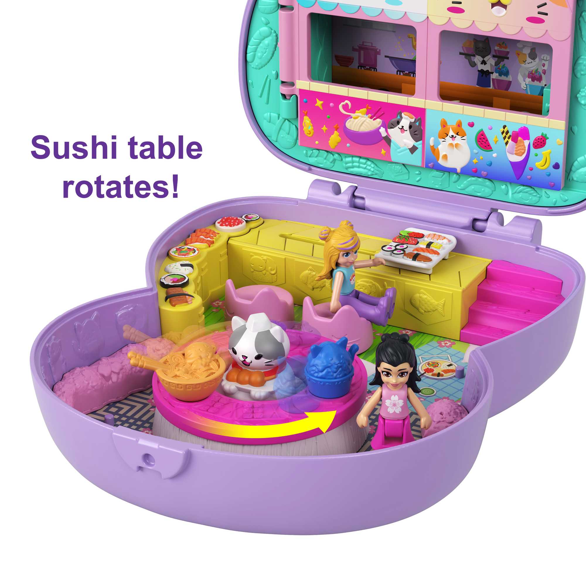 Polly Pocket Sushi Shop Cat Compact Playset With 2 Dolls & 12 Accessories