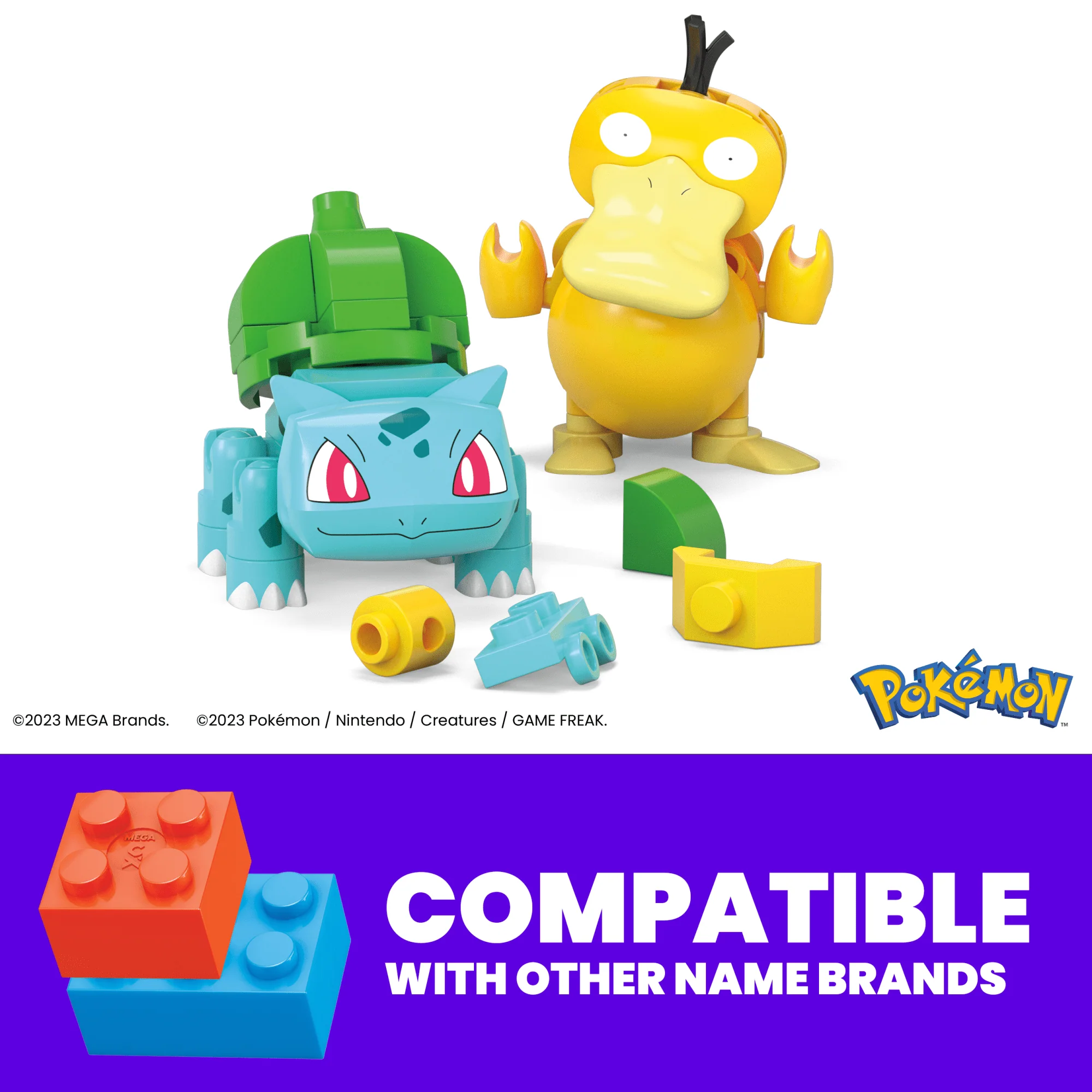 MEGA Pok��mon Bulbasaur & Psyduck Building Toy Kit, 2 Action Figures (63 Pieces) For Kids