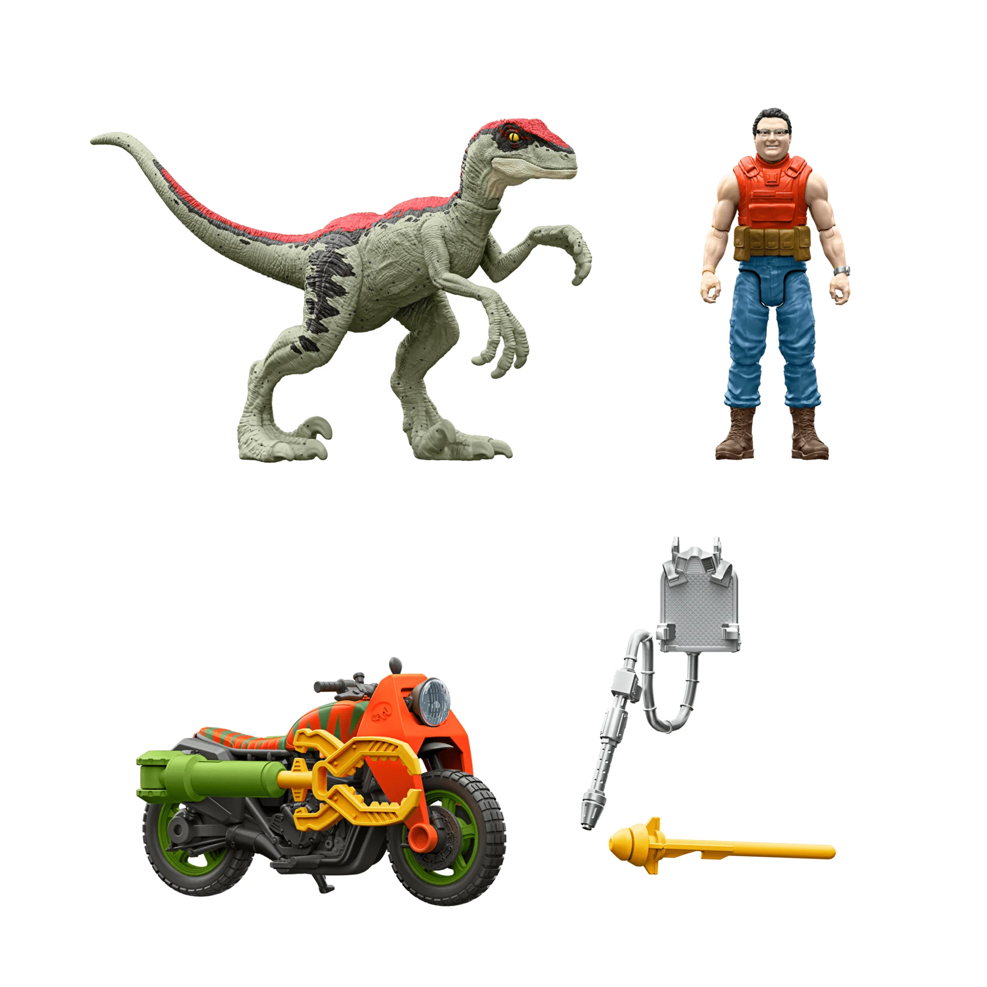 Jurassic Park ��93 Classic Dennis Nedry Action Figure, Motorcycle & Dinosaur Toy Set, 3.75-in Scale