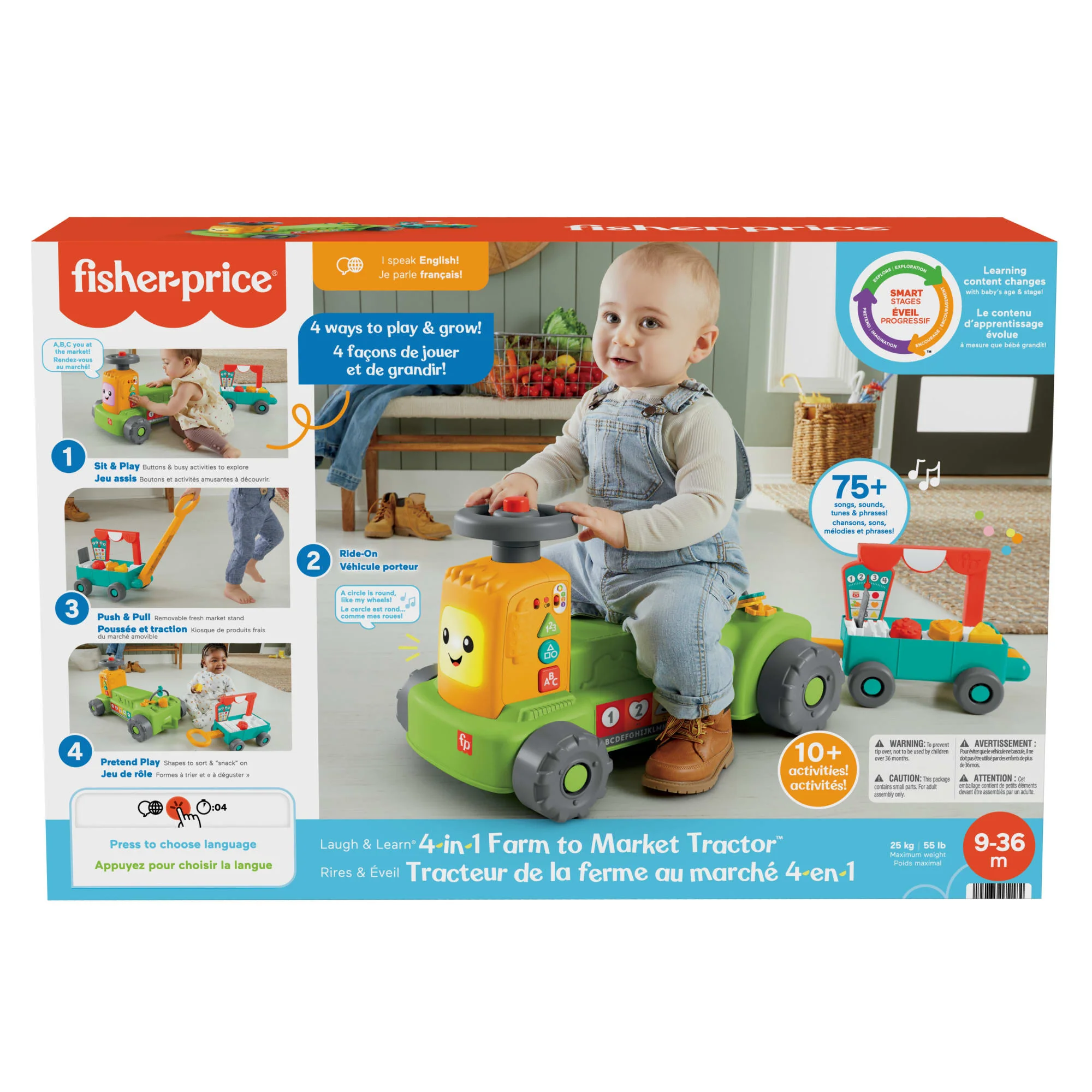 Fisher-Price Laugh & Learn 4-In-1 Farm To Market Tractor Ride-On Learning Toy, Multilanguage Version