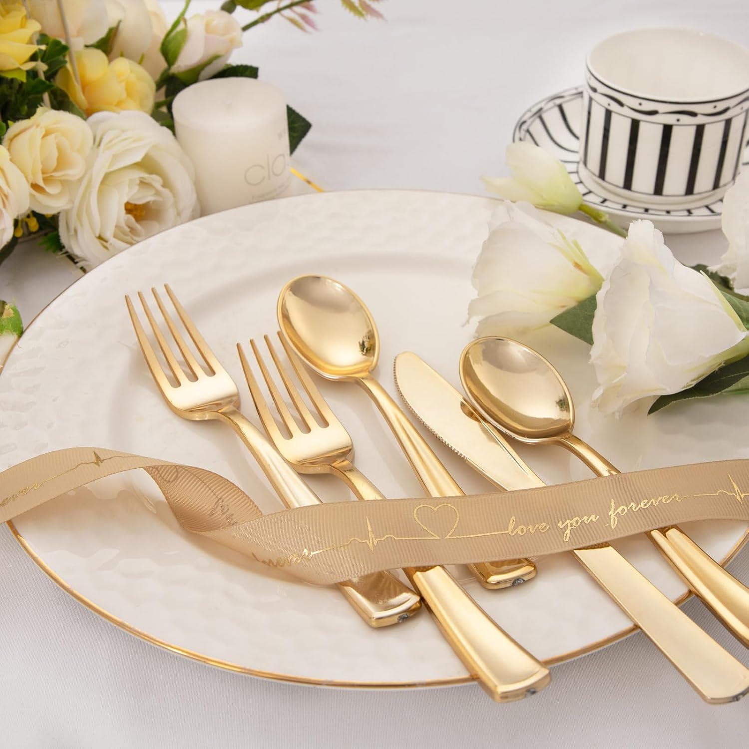 WDF300 Pieces Gold Plastic Silverware - Heavy Duty Disposable Gold Cutlery Set Plastic Gold Silverware Set Plastic Includes 100 Forks, 100 Spoons, 100 Knives