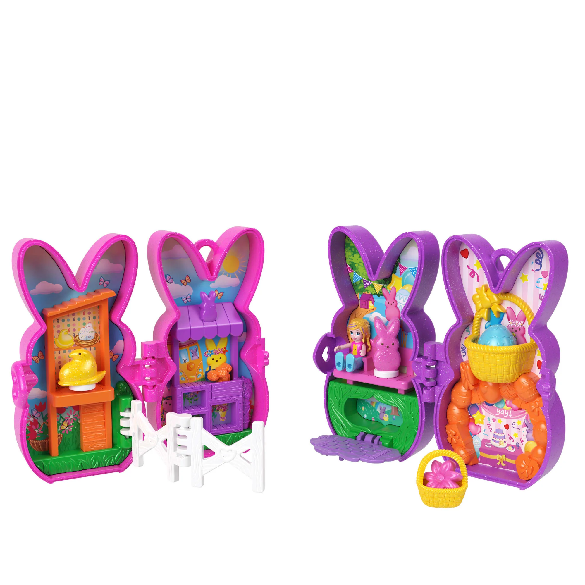Polly Pocket X Peeps, Dolls & 2 Playsets With 6 Themed Accessories, Compact Travel Toy With Clip Keychains