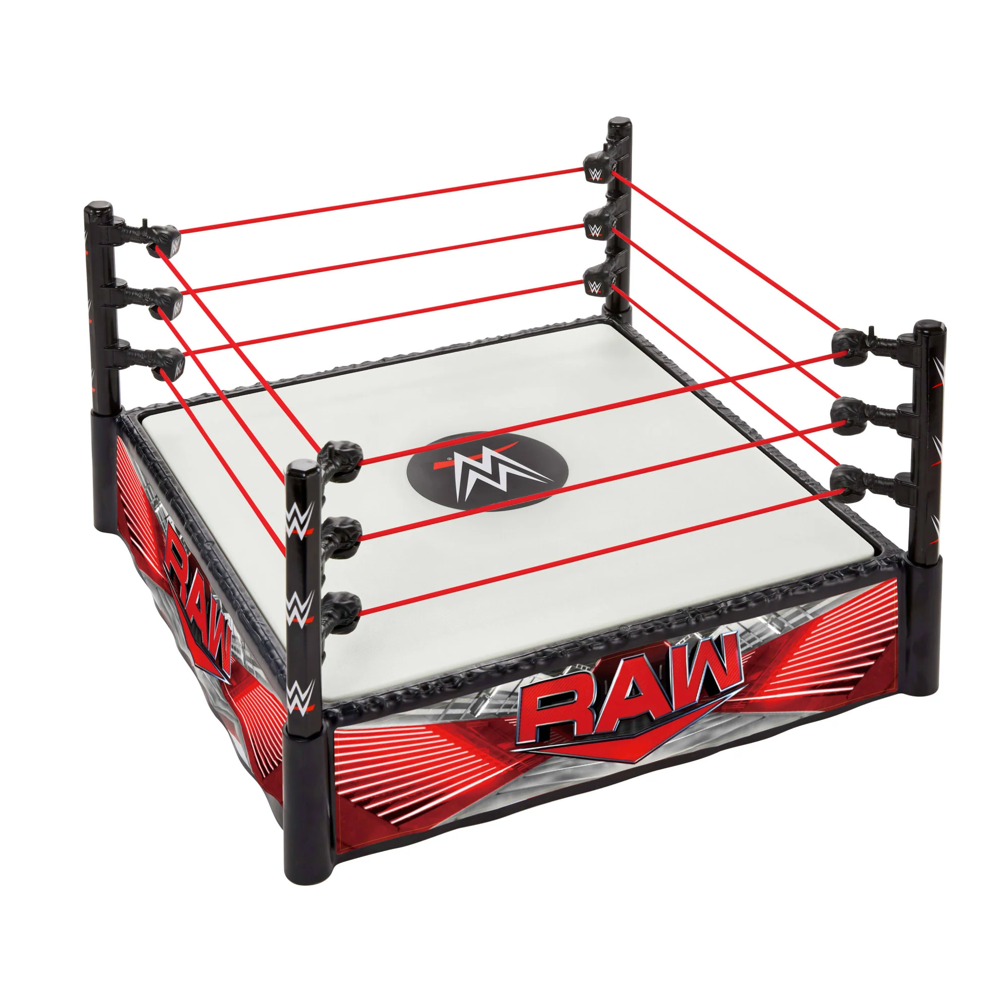 WWE Superstar Ring With Labels For Main EVent & Raw, Spring-Loaded With Elastic Ring Ropes
