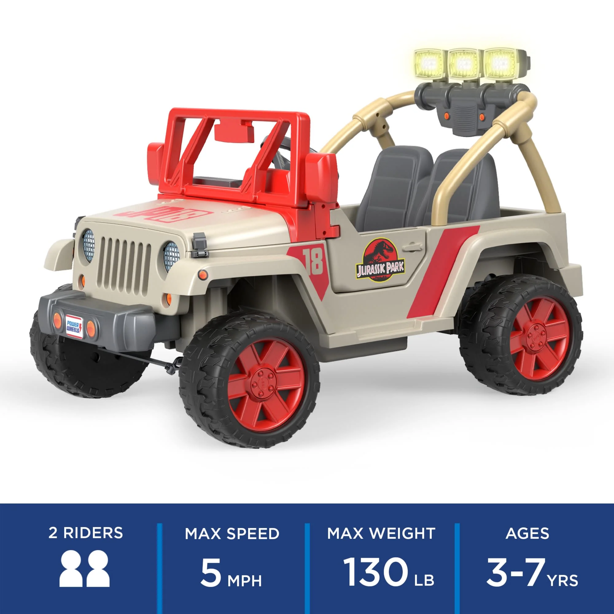 Power Wheels Jurassic Park Jeep Wrangler Ride-On Toy With Dinosaur Sounds & Light Bar, Preschool Toy