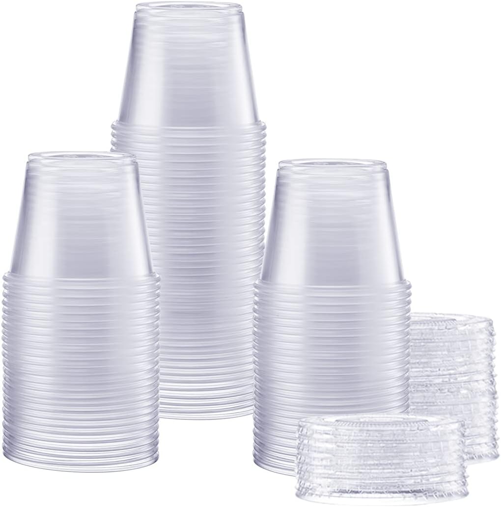 Comfy Package [2 oz. - 100 Count Clear Disposable Plastic Portion Cups with Lids - Soufflé Cups, Jello Shot Cups With Lids, Clear Plastic Containers Perfect for salad Dressing and More