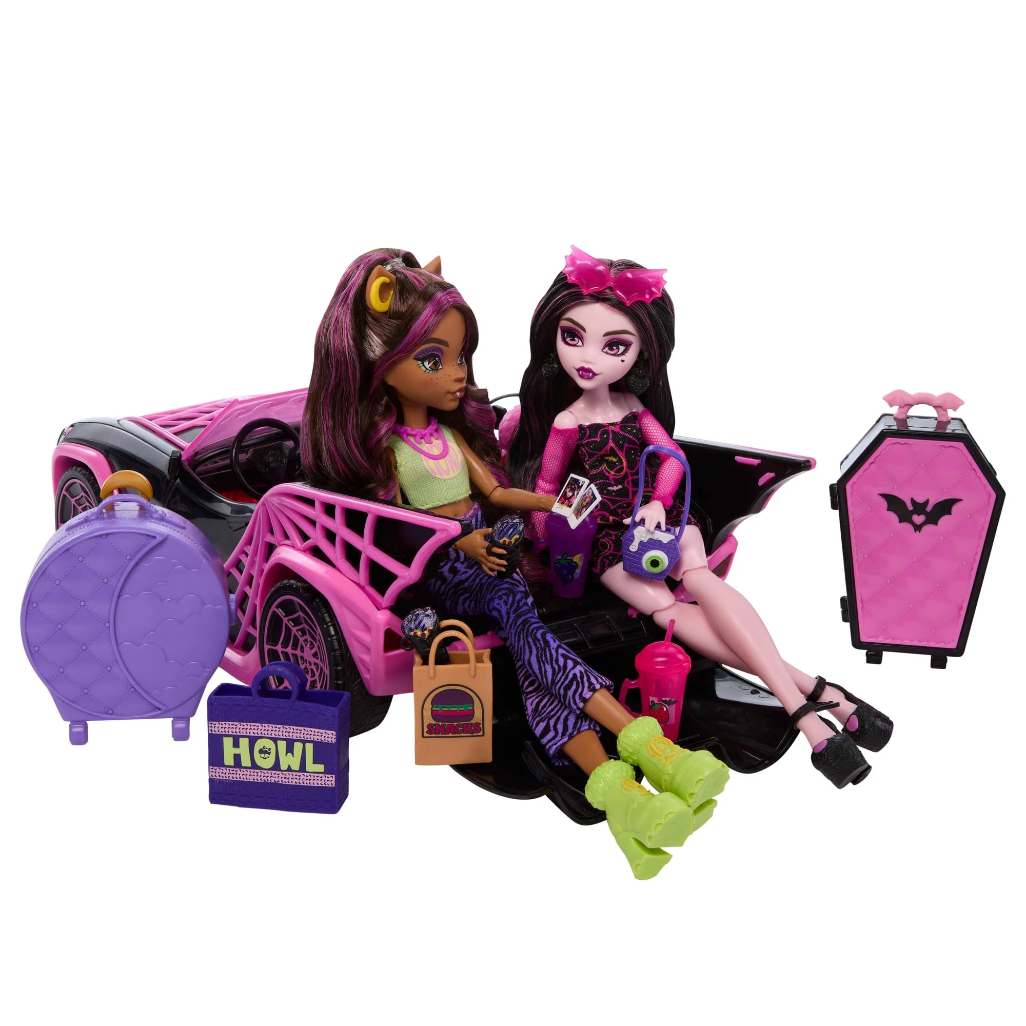 Monster High Eeekend Getaway Playset With Draculaura & Clawdeen Wolf Dolls, Vehicle & 20+ Accessories
