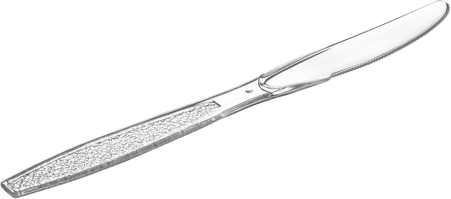 Comfy Package [100 Pack Clear Plastic Knives Heavy Duty with Engraved Design - Plastic Knives Disposable, Sturdy Plastic Silverware for Parties, Weddings, and Events