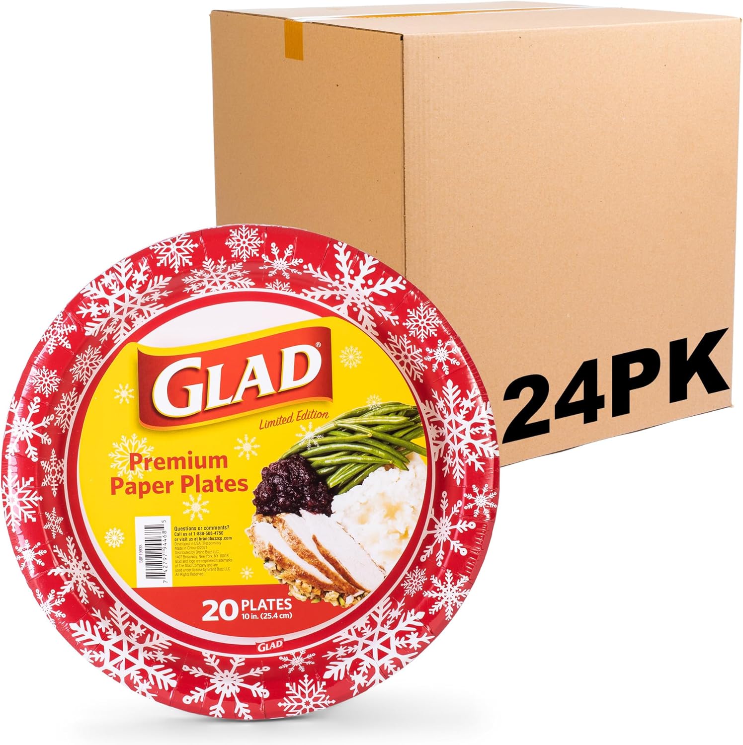 Glad Disposable Holiday Paper Plates, 10 Inch, 20 Count - Red Snowflake Design, Heavy Duty and Microwavable