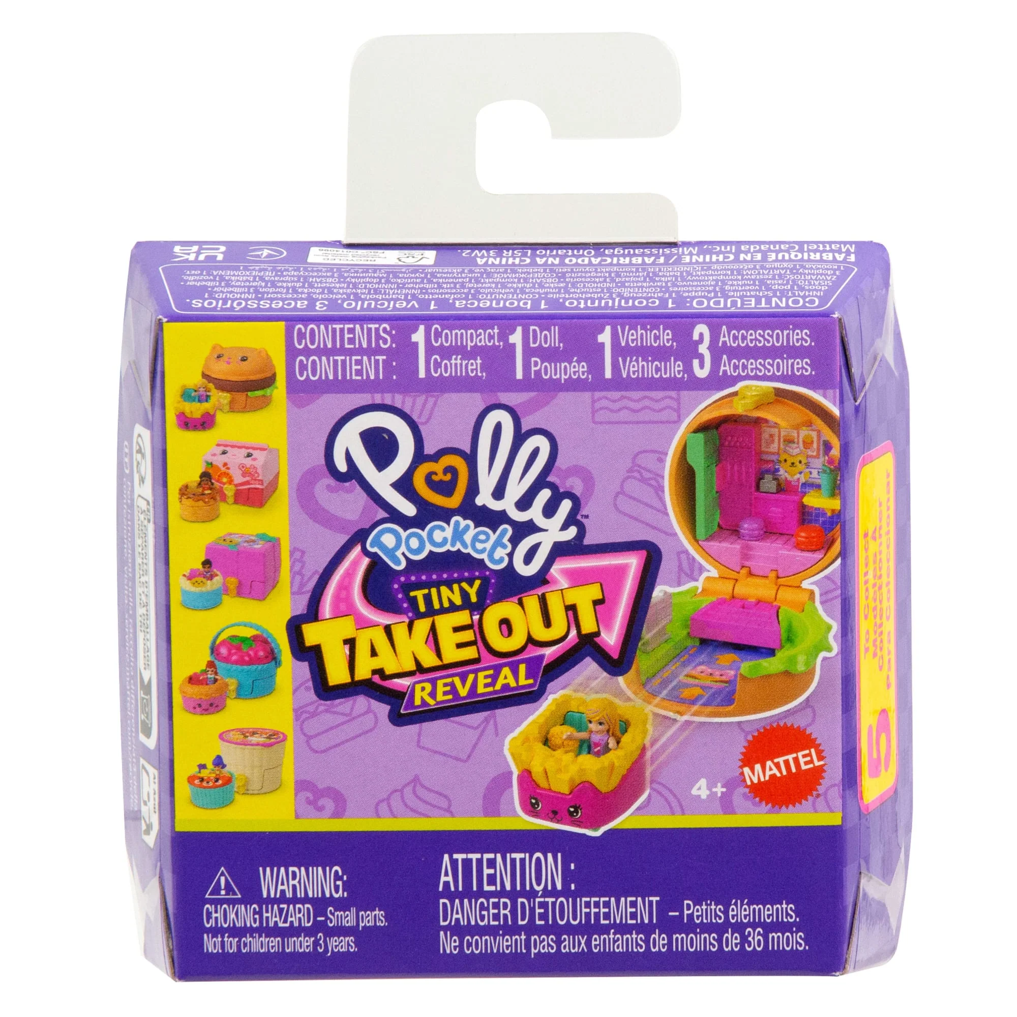 Polly Pocket Tiny Take Out Reveal Assortment, Micro Dolls & Compacts With Toy Cars, Food Theme Vehicle Collection