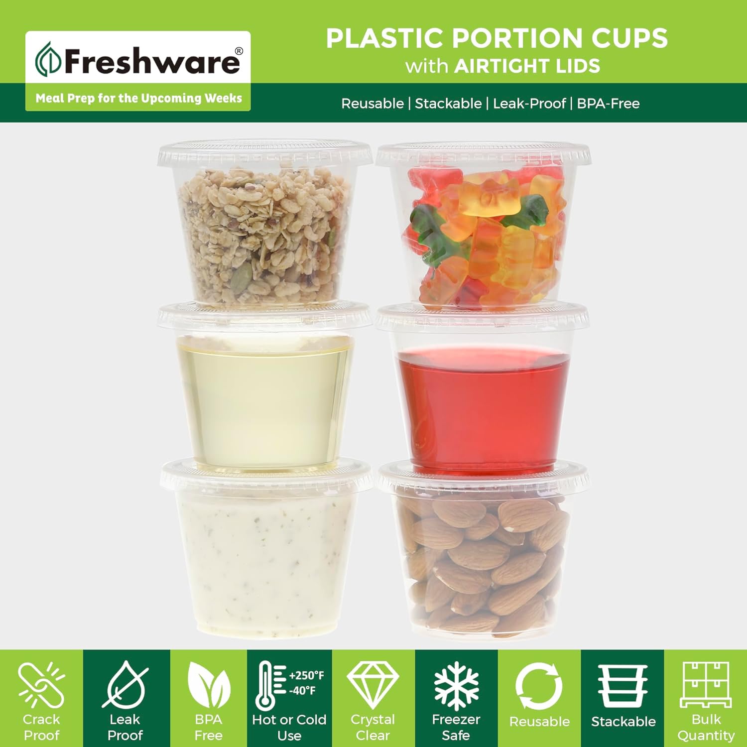 Freshware 200-Piece Polypropylene Portion Cups, Clear | 2 Ounce | 200 Sets | Cups with Lids