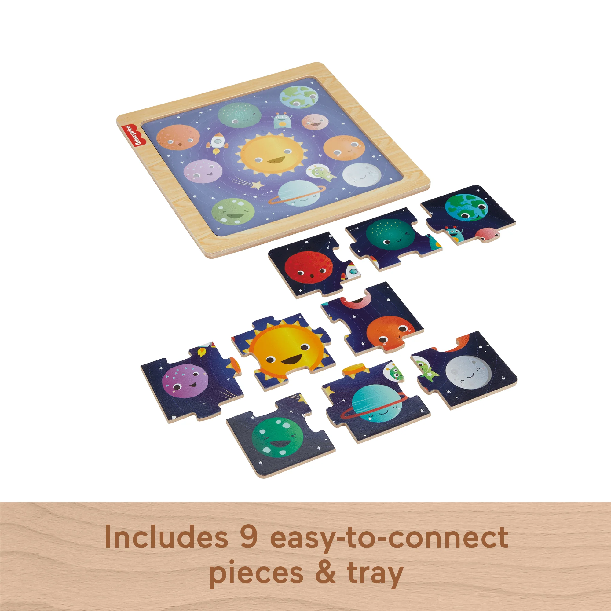 Fisher-Price Wooden Jigsaw Puzzle Space Theme For Toddlers & Preschool Kids, 9 Wood Pieces