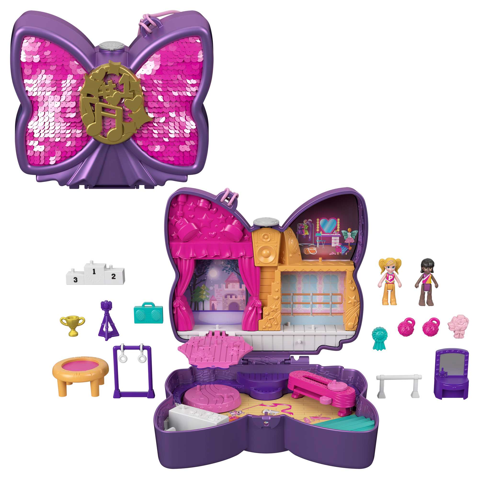 Polly Pocket Dolls And Accessories Set, Sparkle Stage Bow Compact