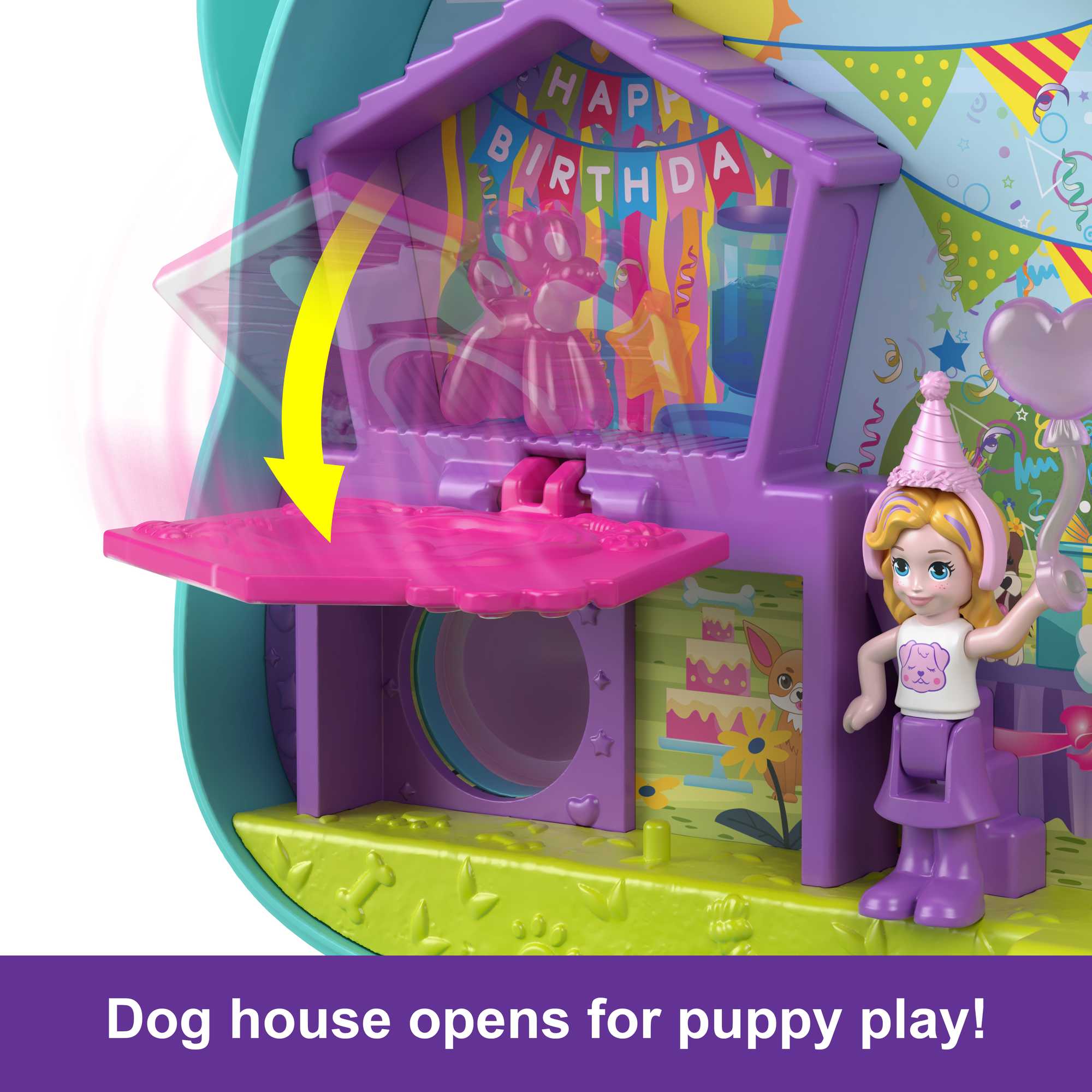 Polly Pocket Doggy Birthday Bash Compact Playset With 2 Micro Dolls, 14 Accessories & 5 Features
