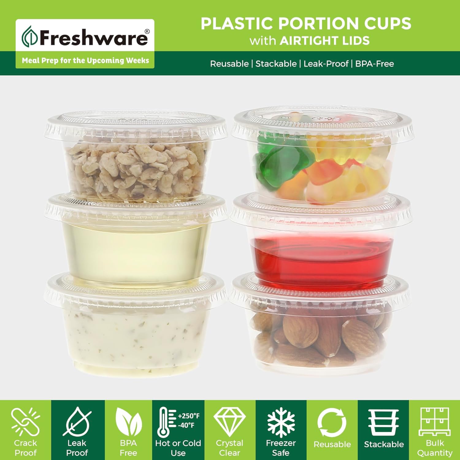 Freshware 200-Piece Polypropylene Portion Cups, Clear | 2 Ounce | 200 Sets | Cups with Lids