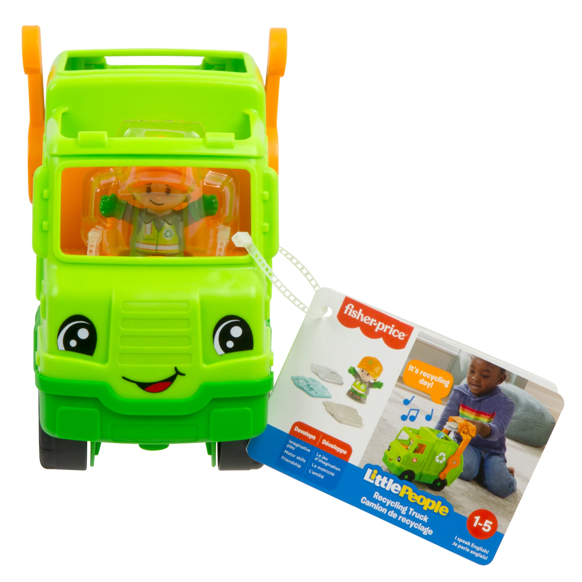Fisher-Price Little People Recycling Truck Musical Toddler Garbage Toy Set, 5 Pieces