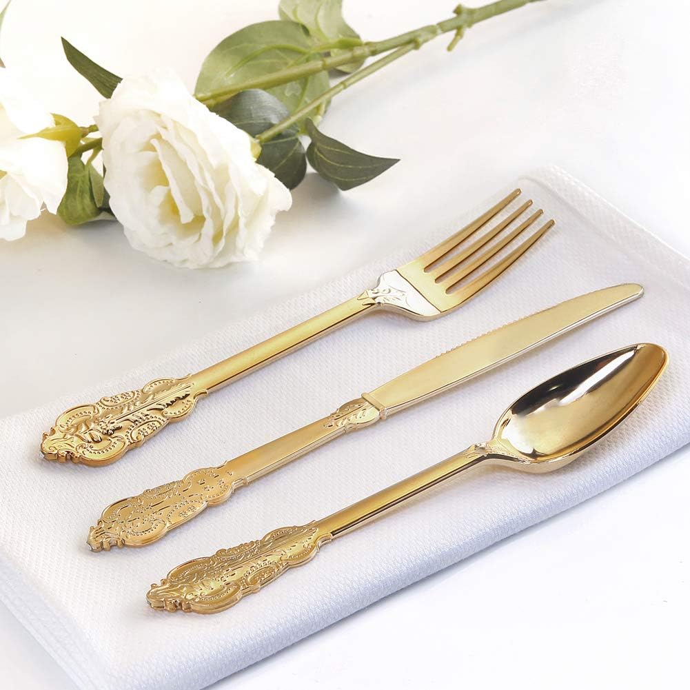 WDF300 Pieces Gold Plastic Silverware - Heavy Duty Disposable Gold Cutlery Set Plastic Gold Silverware Set Plastic Includes 100 Forks, 100 Spoons, 100 Knives