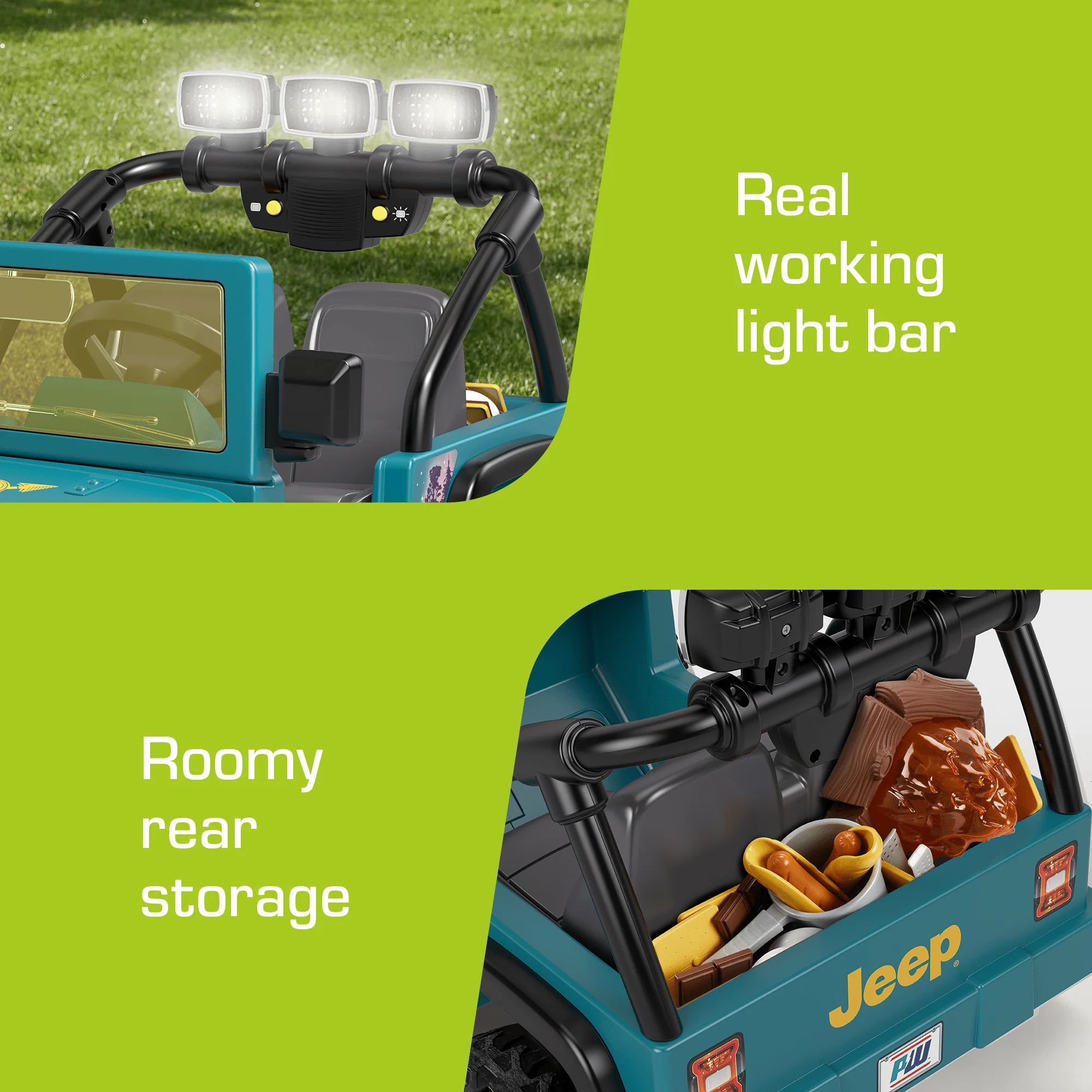 Power Wheels Camping Jeep Wrangler Ride-On Toy With Pretend Food & Lights, Preschool Toy