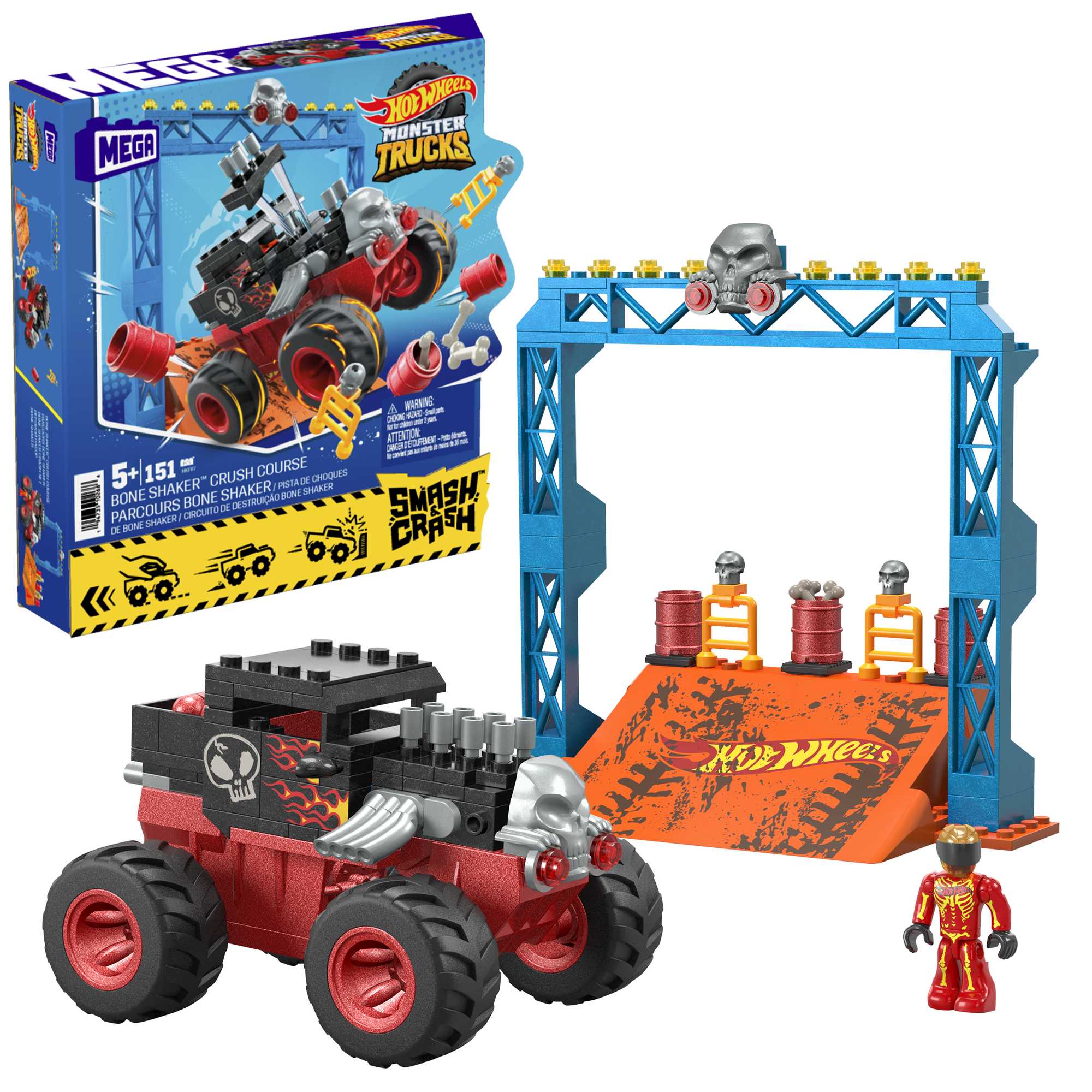 MEGA Hot Wheels Bone Shaker Crush Course Monster Truck Building Toy With 1 Figure (151 Pieces)