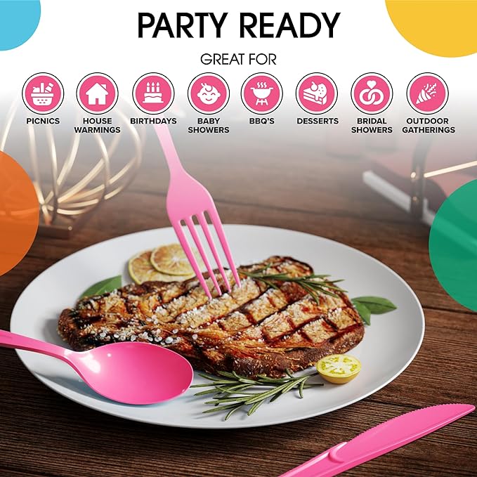 Hot Pink Cutlery Combo Set | 50 Forks 50 Spoons And 50 Knives