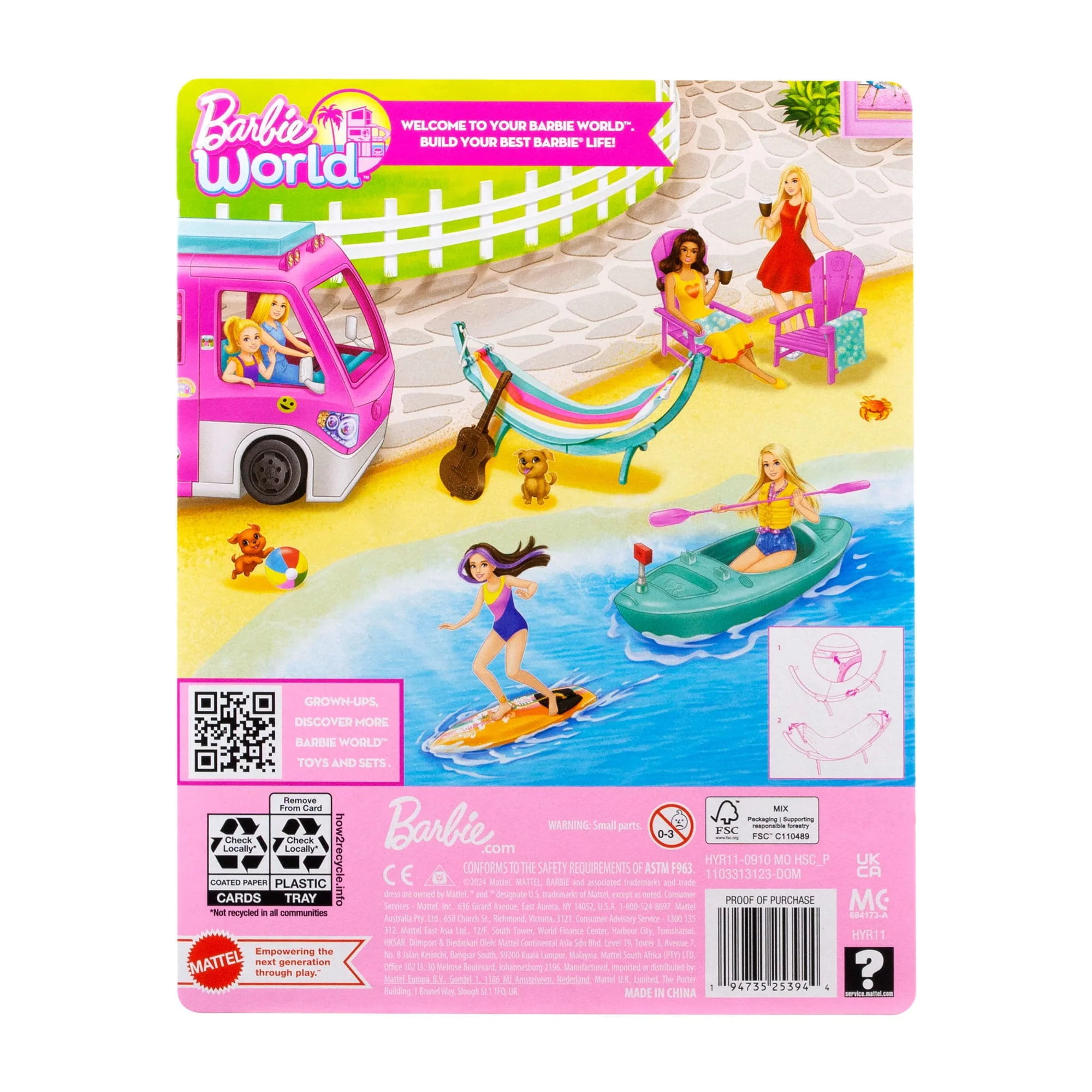 Barbie World Hammock Set With 7 Camping Accessories Including Swinging Hammock With Guitar & Puppy