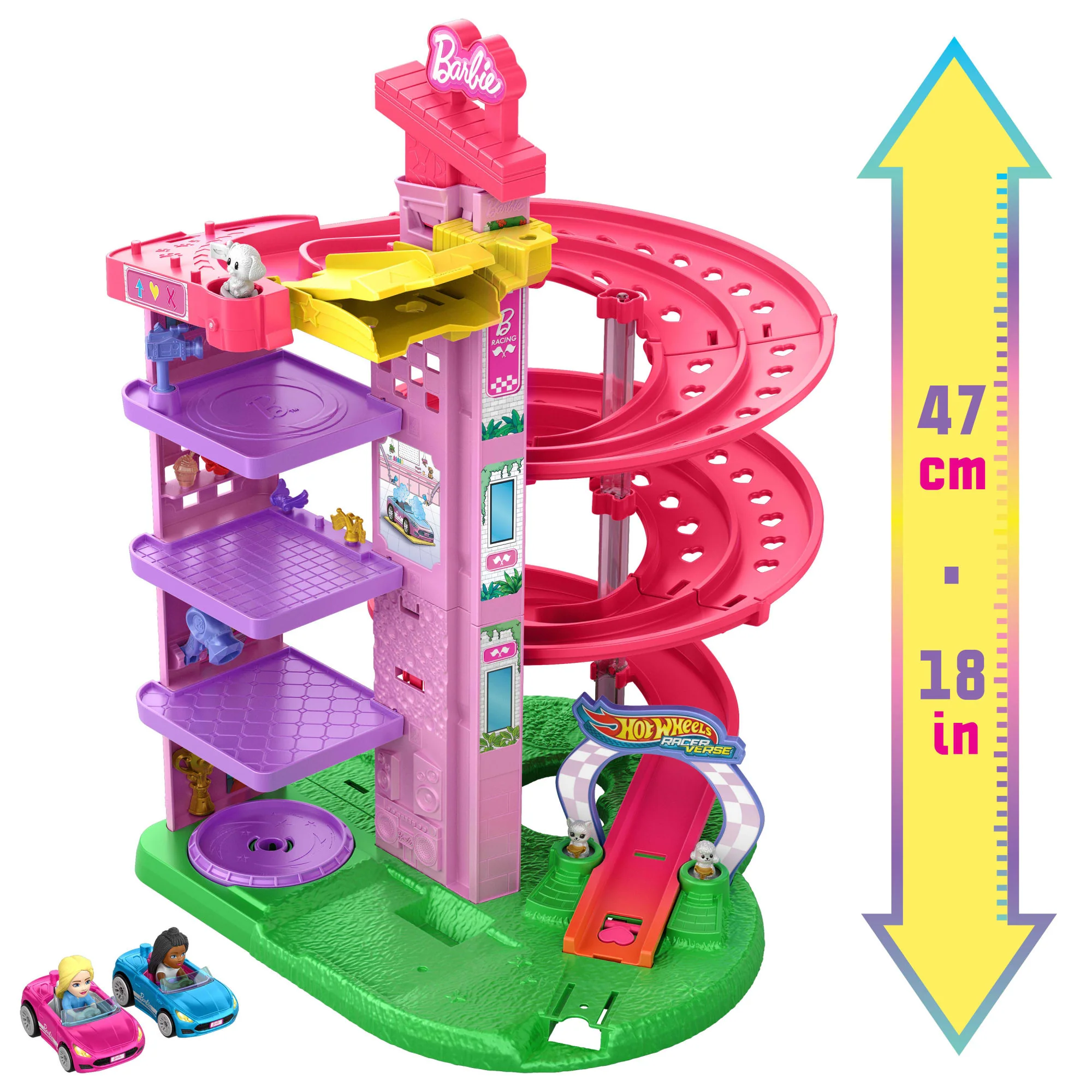 Hot Wheels Racerverse Barbie Spiral Race Track Set With Barbie ��Malibu�� & Barbie ��Brooklyn�� Toy Cars