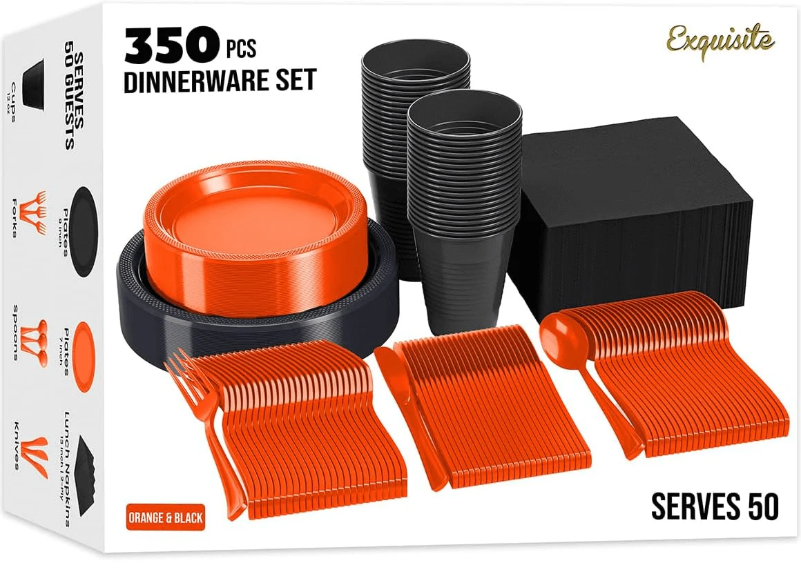 350 pcs Halloween Disposable Tableware Set -Orange and Black