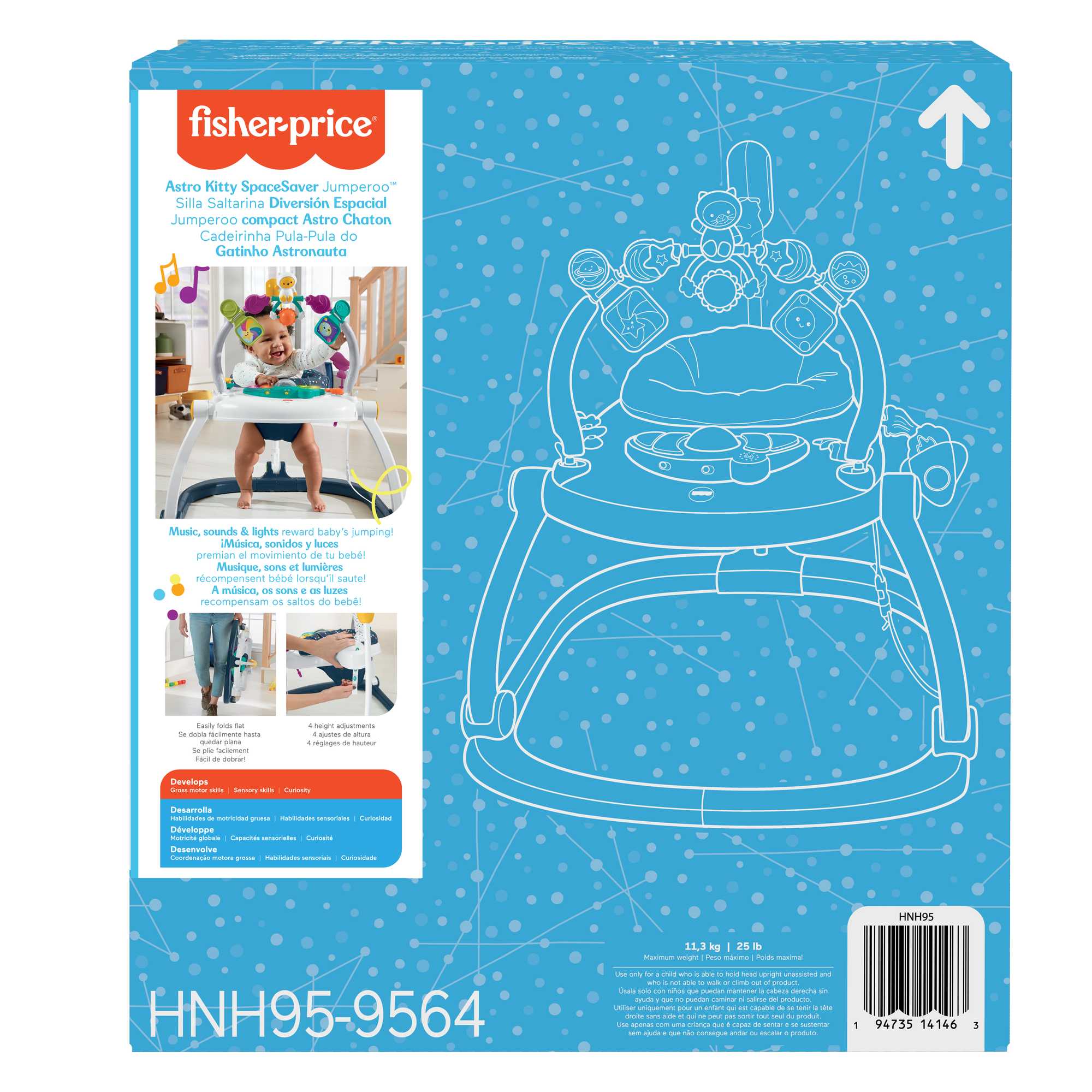 Fisher-Price Baby Bouncer Activity Center Jumperoo Spacesaver With Lights & Sounds, Astro Kitty