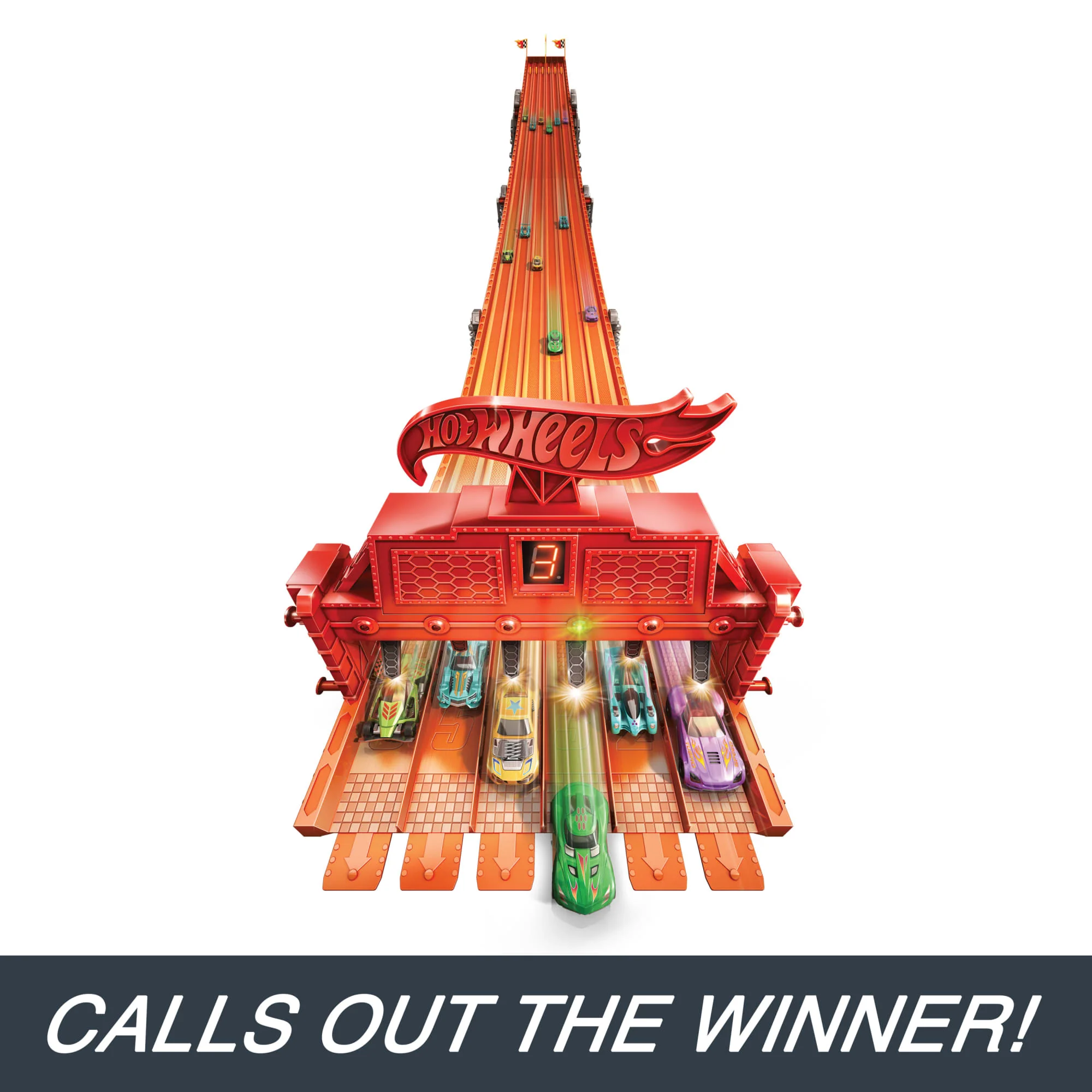 Hot Wheels Super 6-Lane Raceway, 8-Ft Track With 6 Toy Cars in 1:64 Scale