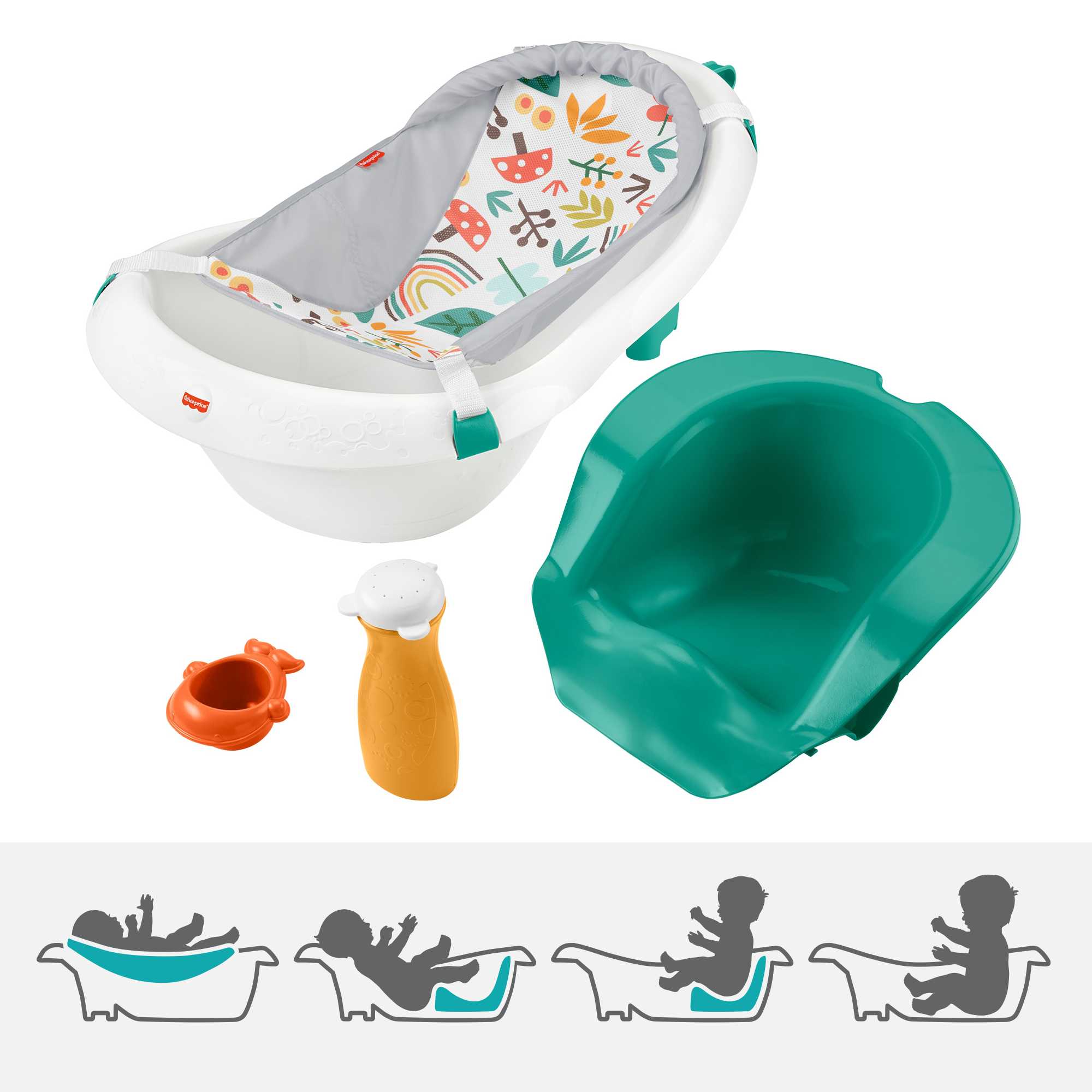 Fisher-Price 4-In-1 Sling ��n Seat Tub Baby To Toddler Bath With 2 Toys, Whimsical Forest