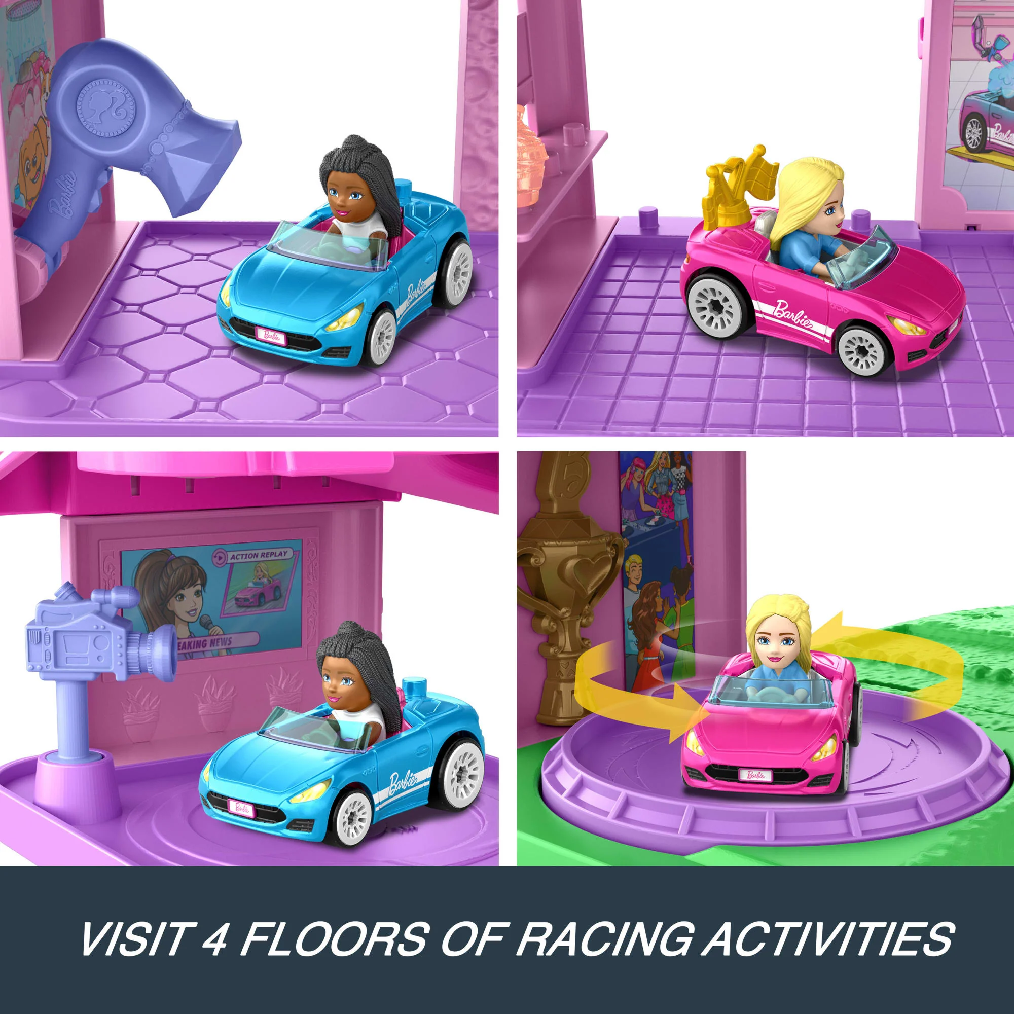 Hot Wheels Racerverse Barbie Spiral Race Track Set With Barbie ��Malibu�� & Barbie ��Brooklyn�� Toy Cars