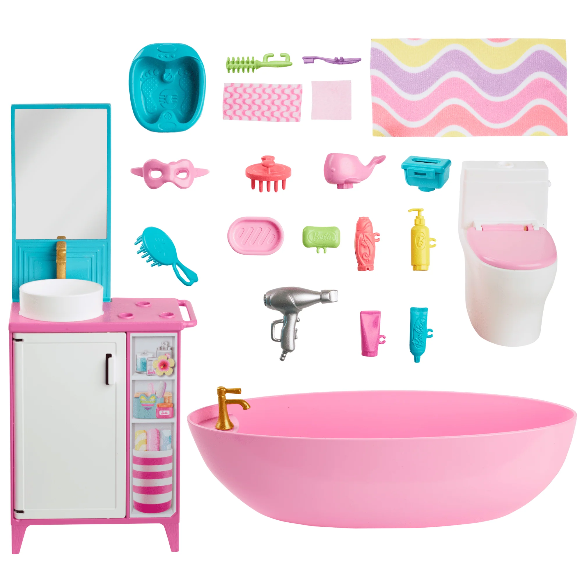 Barbie World Bathtime Toy Playset With 19 Dollhouse Accessories Including Bathtub, Toilet, & Vanity