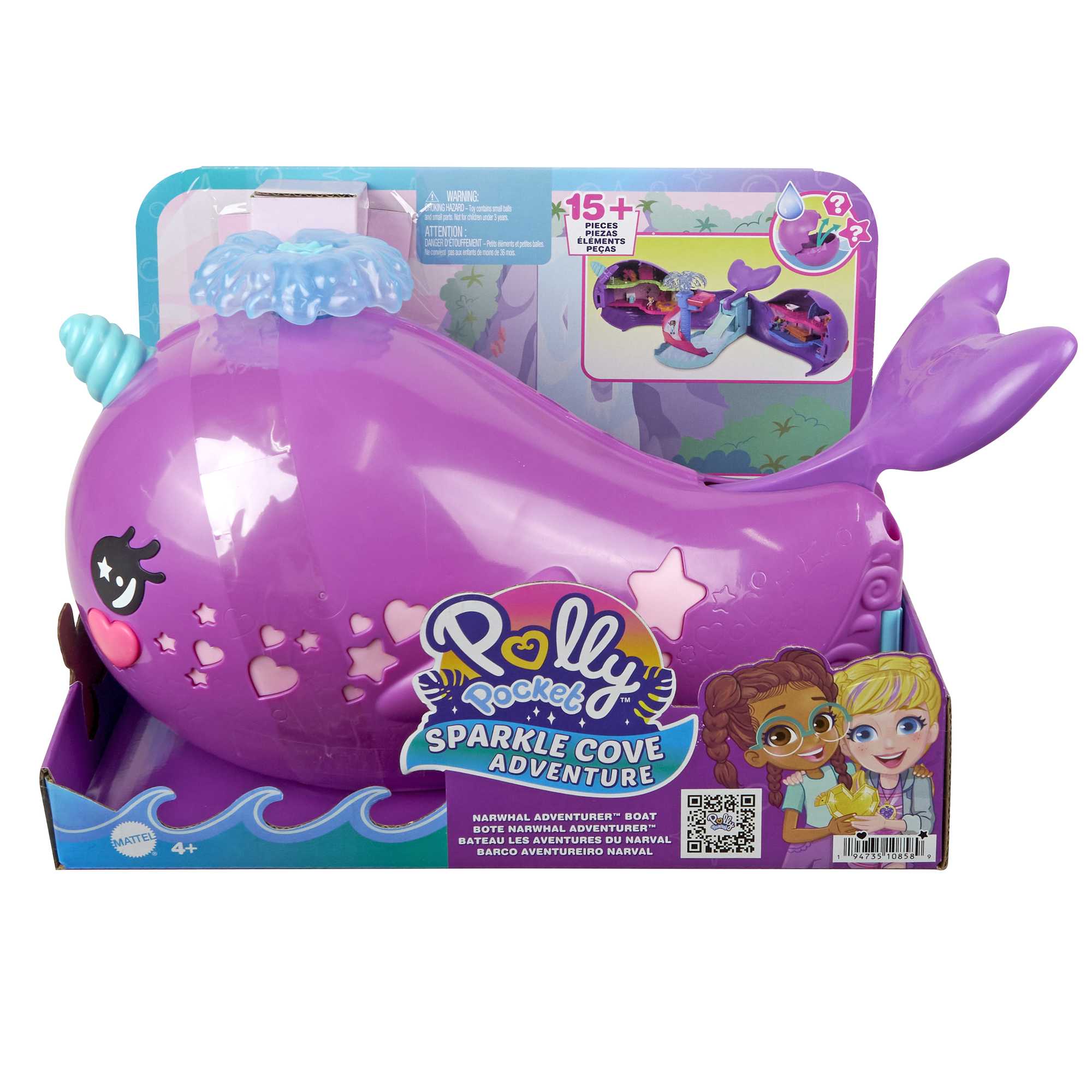 Polly Pocket Sparkle Cove Adventure Narwhal Adventurer Boat Playset With 2 Micro Dolls & 13 Accessories
