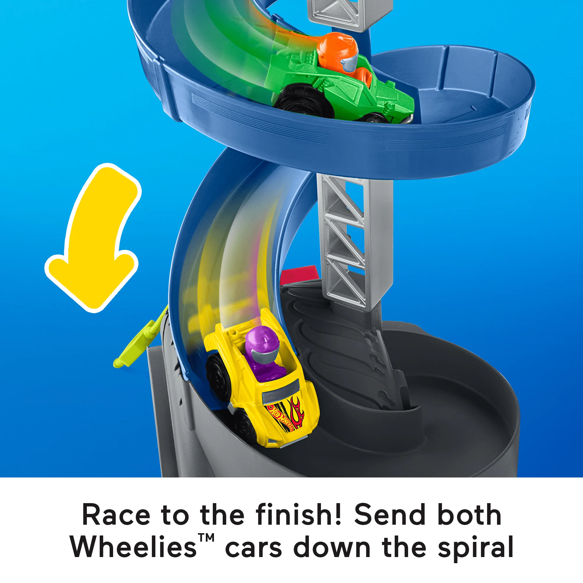 Little People Hot Wheels Spiral Stunt Speedway Toddler Race Track Playset, 2 Toy Cars