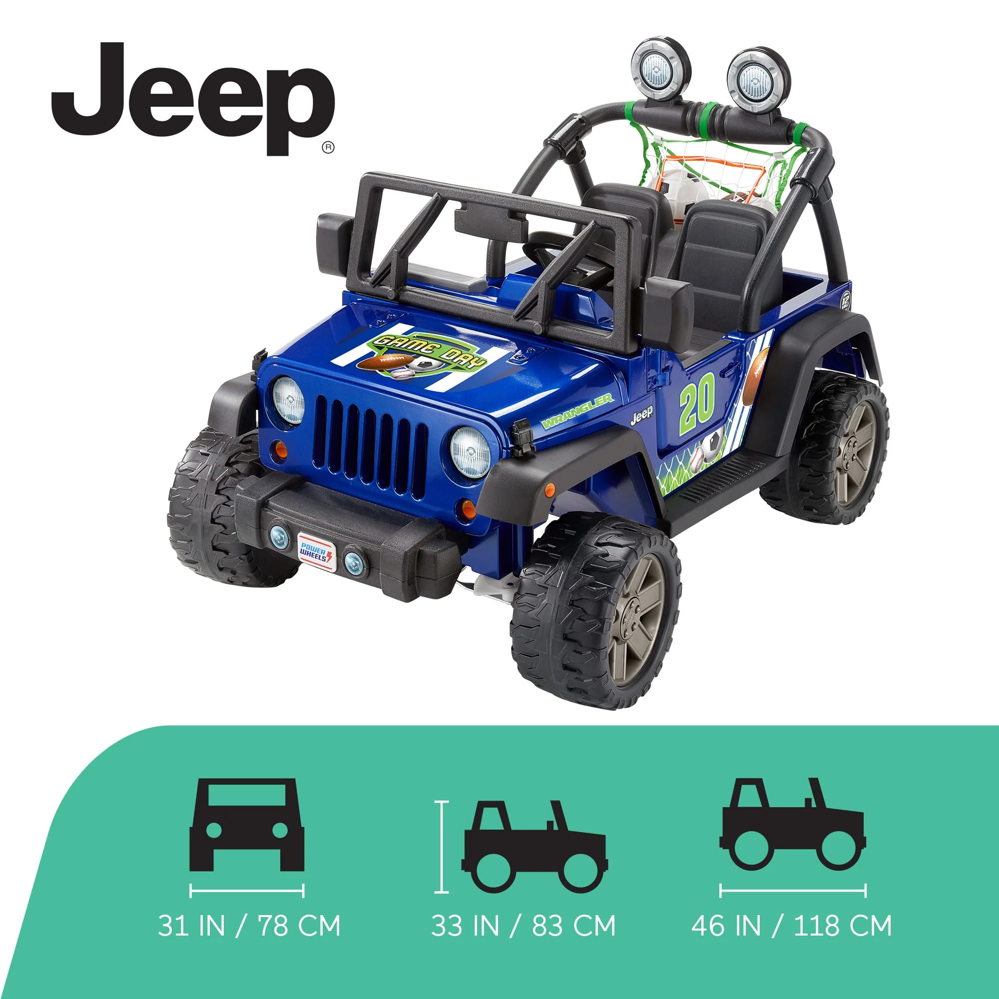 Power Wheels Gameday Jeep Wrangler Ride-On Toy With Sounds, Sports Net & 3 Balls, Preschool Toy