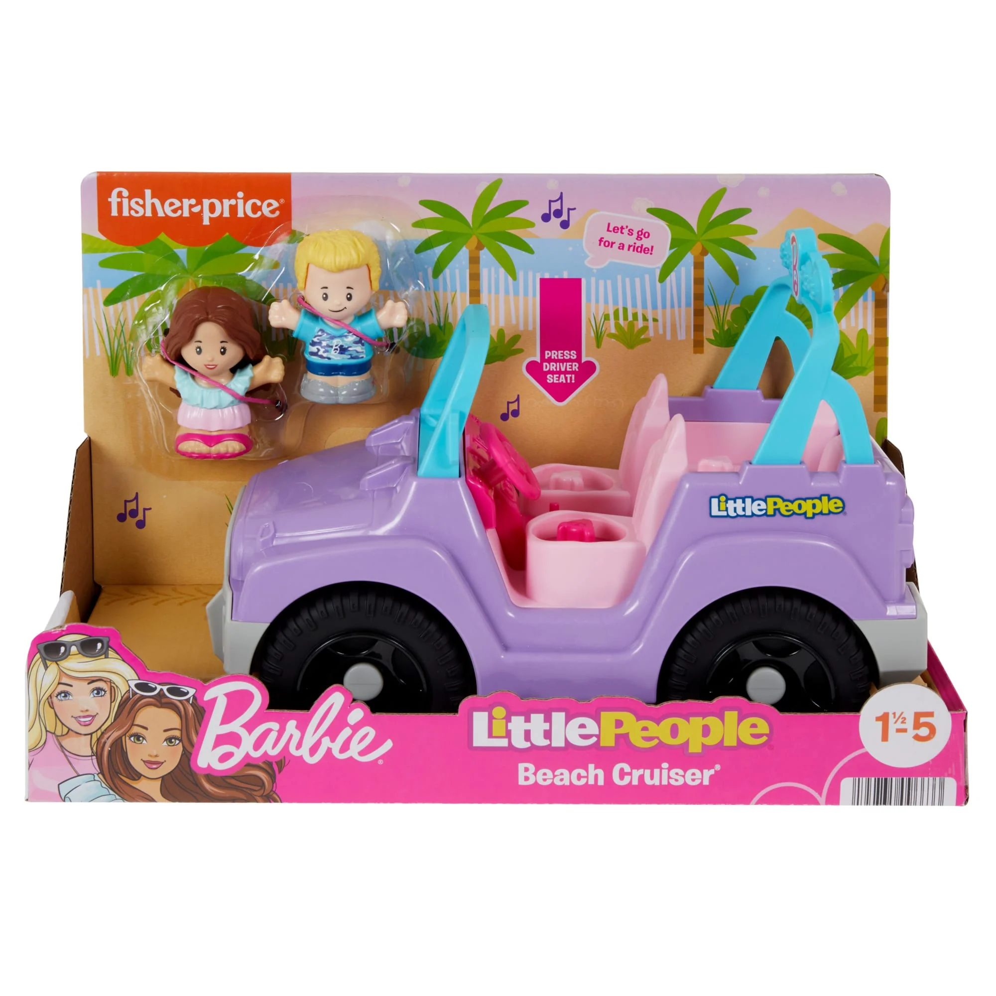 Fisher-Price Little People Barbie Beach Cruiser Toy Car With Music & 2 Figures For Toddlers