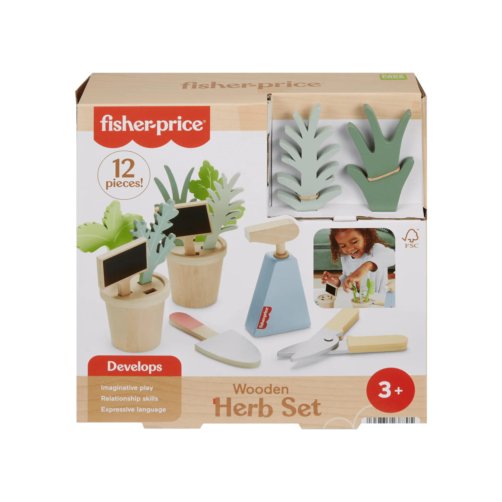 Fisher-Price Wooden Herb Garden And Tools Pretend Playset For Preschool Kids, 12 Wood Pieces