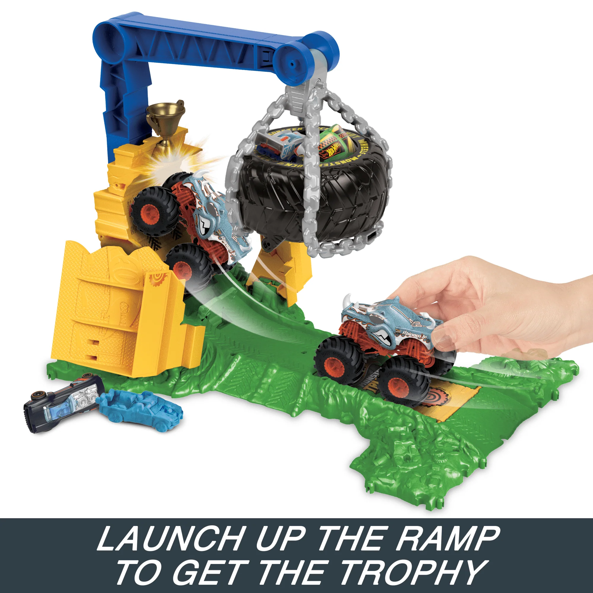 Hot Wheels Monster Trucks Rhinomite Chargin�� Challenge Playset With 1 Toy Truck & 2 Crushed Cars