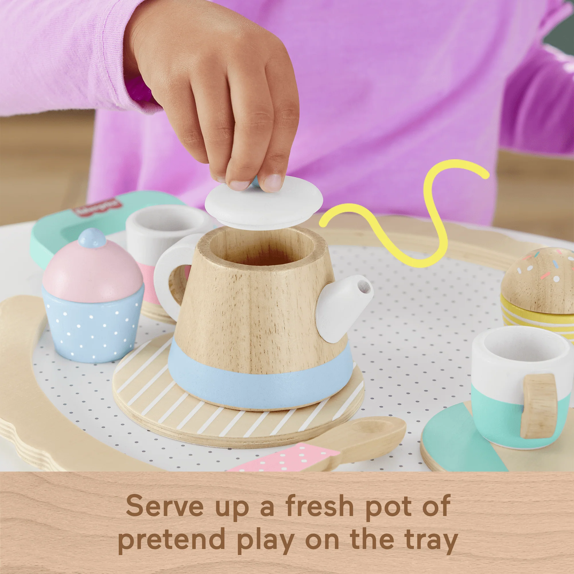 Fisher-Price Wood Pretend Play Toy Tea Set, 12-Piece Wooden Playset With Teapot, Cups & Saucers For Preschool Kids Ages 3+ Years