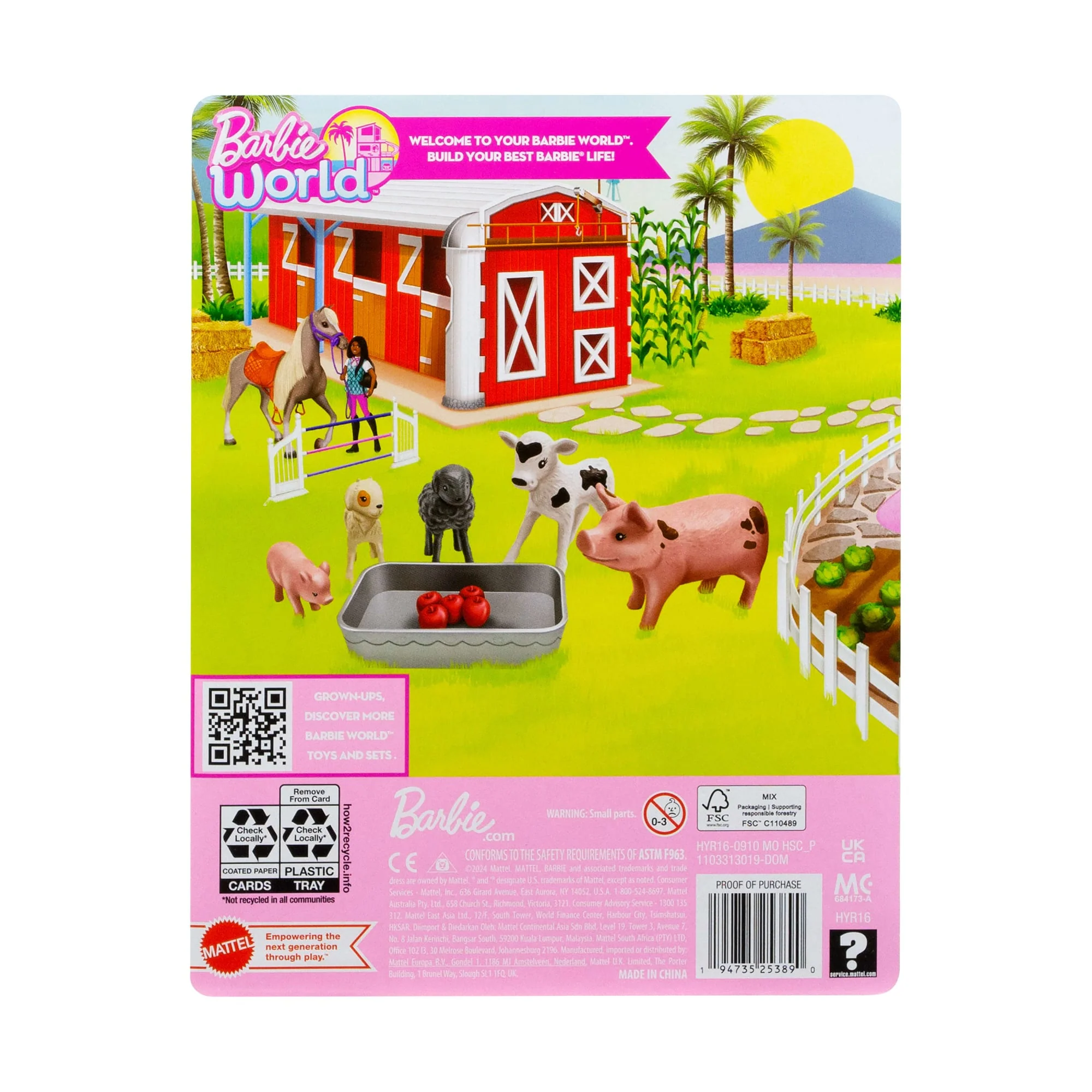 Barbie World Farm Playset With 10 Pieces Including 5 Farm Animals & Feeding Accessories