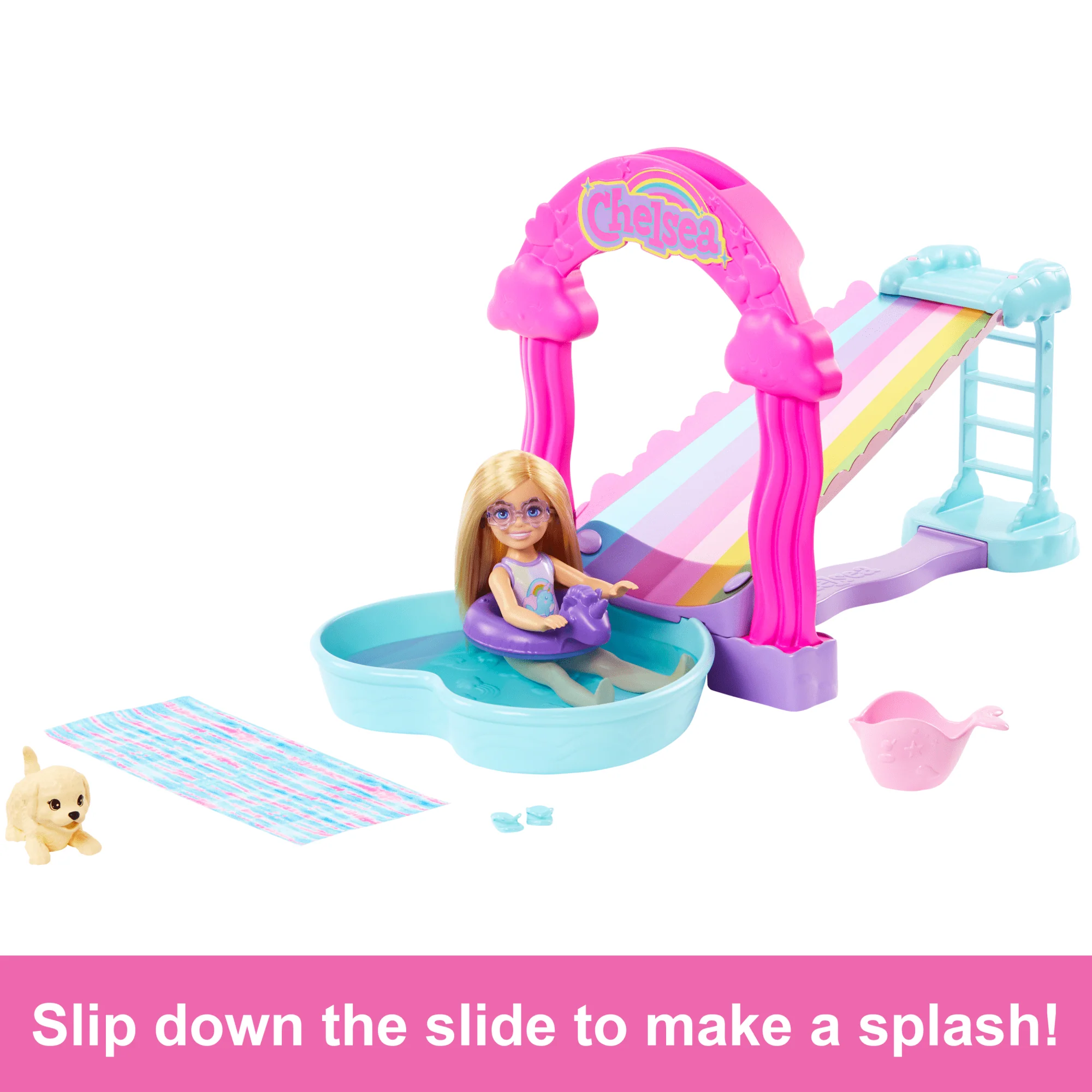 Barbie Chelsea Rainbow ��Raining�� Water Slide Toy Playset With Doll, Pup, & Accessories