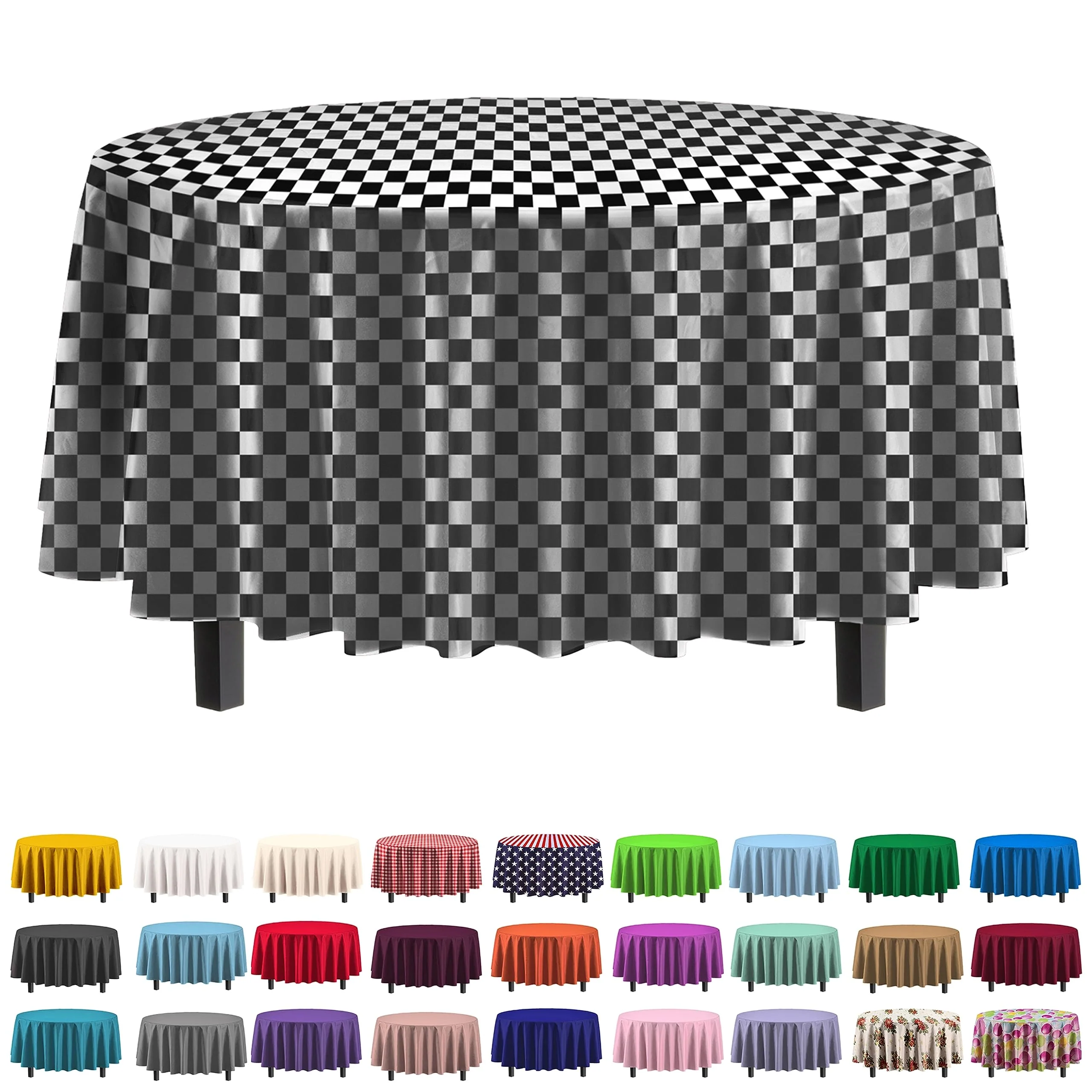 84 In. Round Black/White Checkered Table Cover