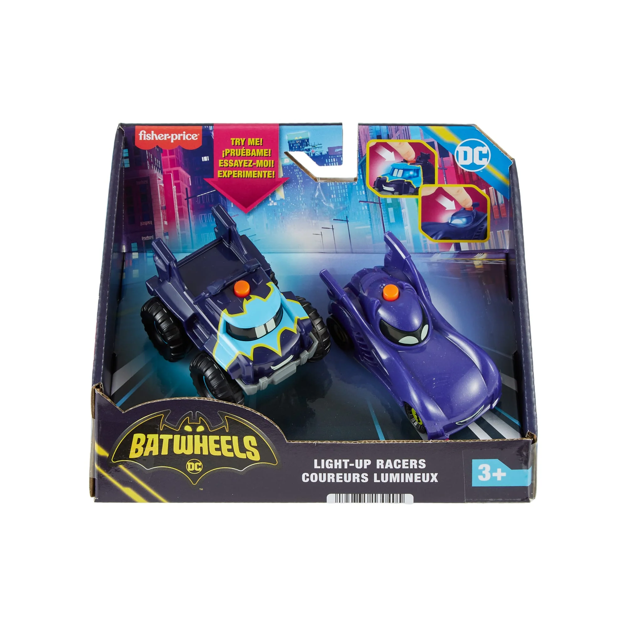 Fisher-Price DC Batwheels Light-Up 1:55 Scale Toy Cars, Bam The Batmobile & Buff, 2 Pieces