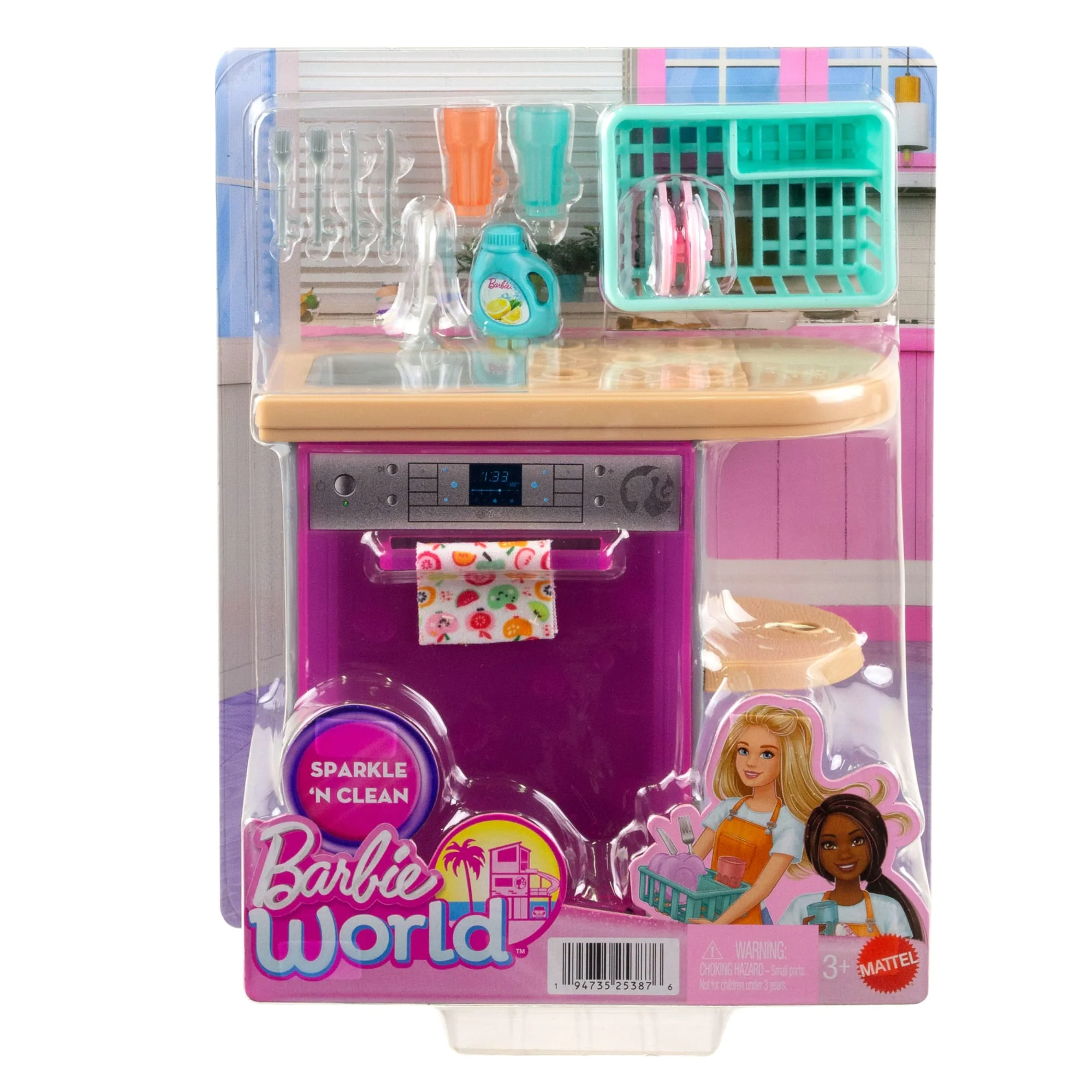 Barbie World Toy Dishwasher Set With 9 Dollhouse Kitchen Accessories Including Plates, Drying Rack, & More